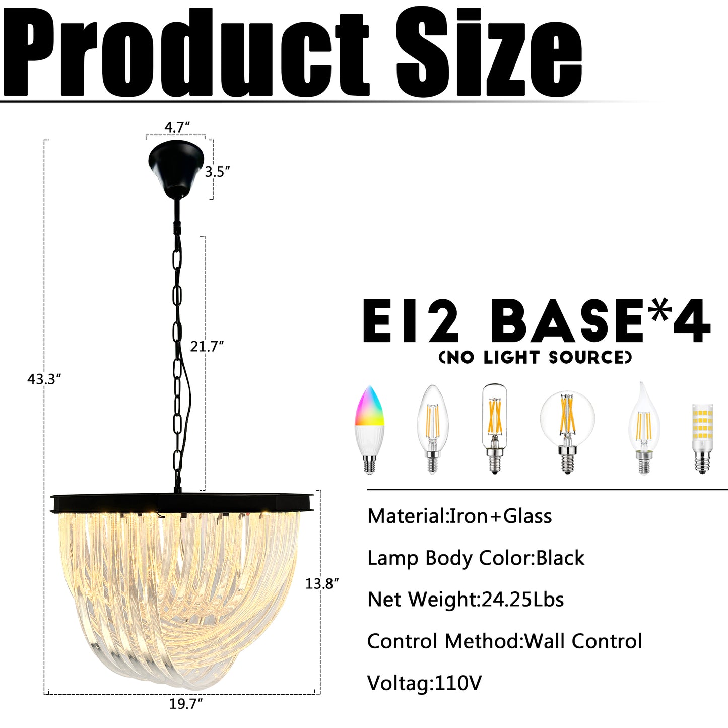 Modern Black Octagonal Frame Ribbed Glass Chandelier - 4-Light E12 Pendant Light