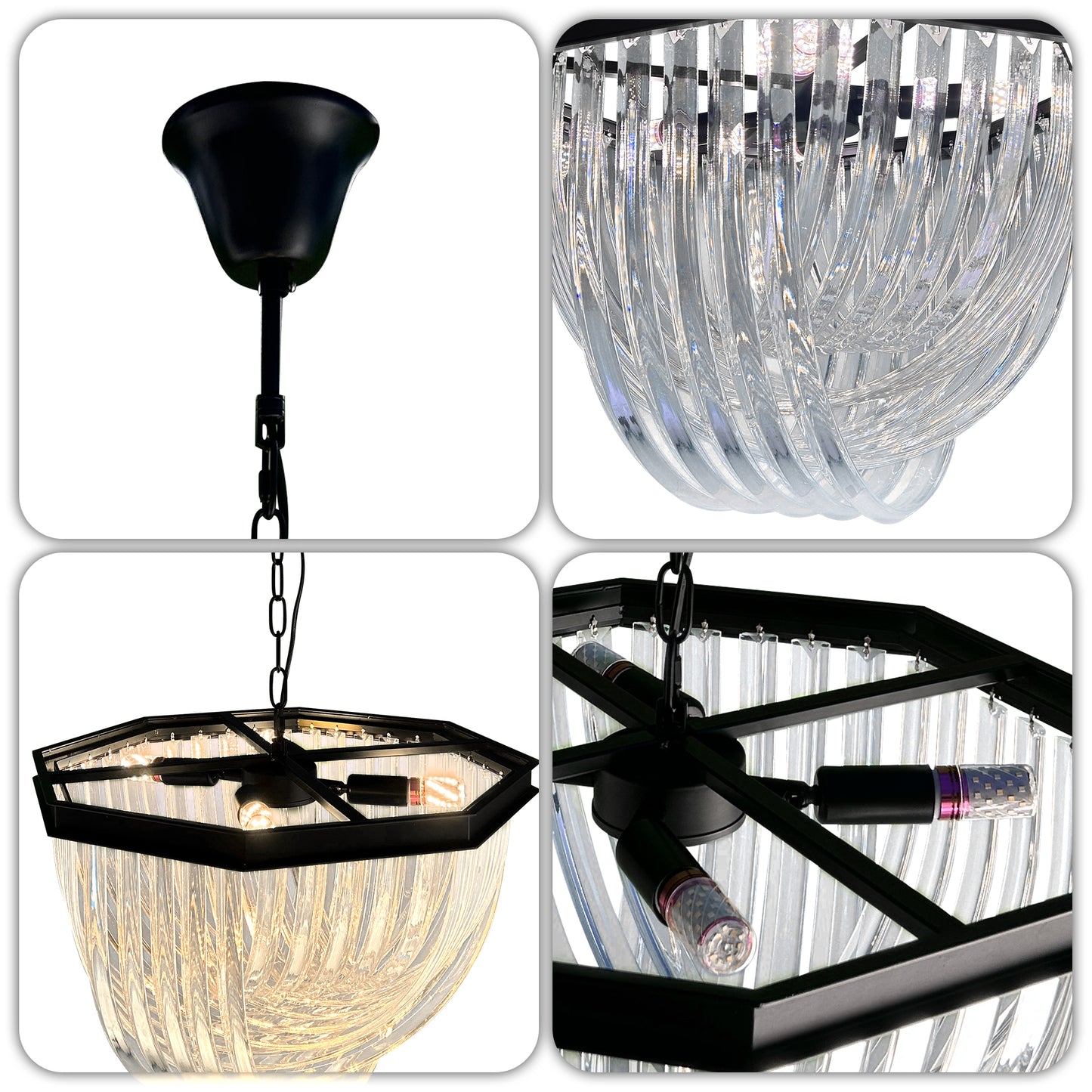 Modern Black Octagonal Frame Ribbed Glass Chandelier - 4-Light E12 Pendant Light
