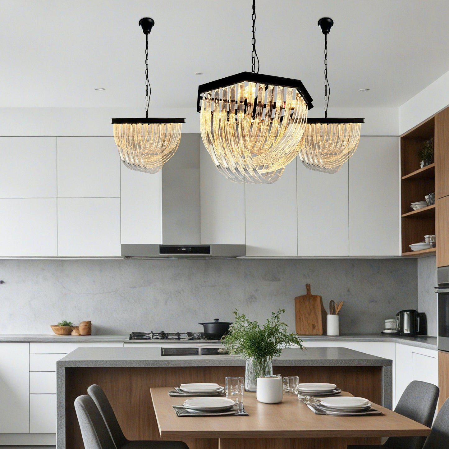 Modern Black Octagonal Frame Ribbed Glass Chandelier - 4-Light E12 Pendant Light