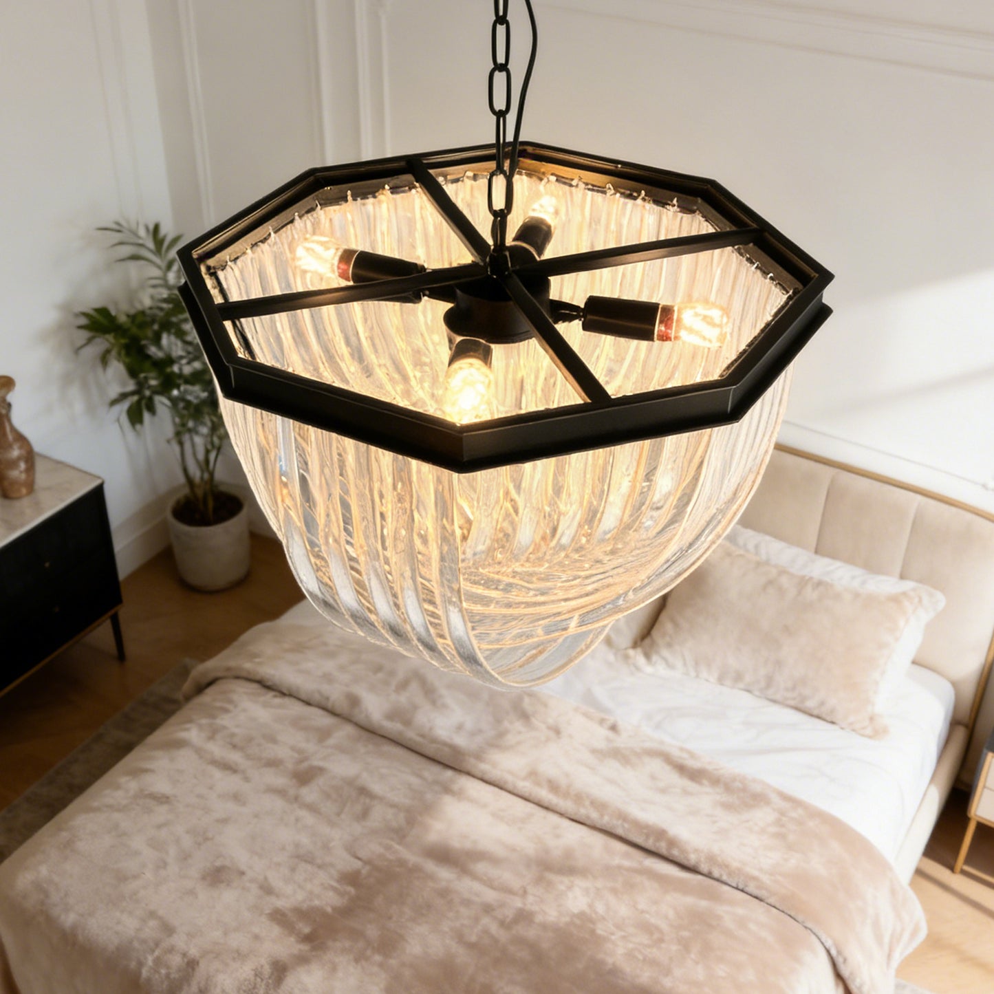 Modern Black Octagonal Frame Ribbed Glass Chandelier - 4-Light E12 Pendant Light