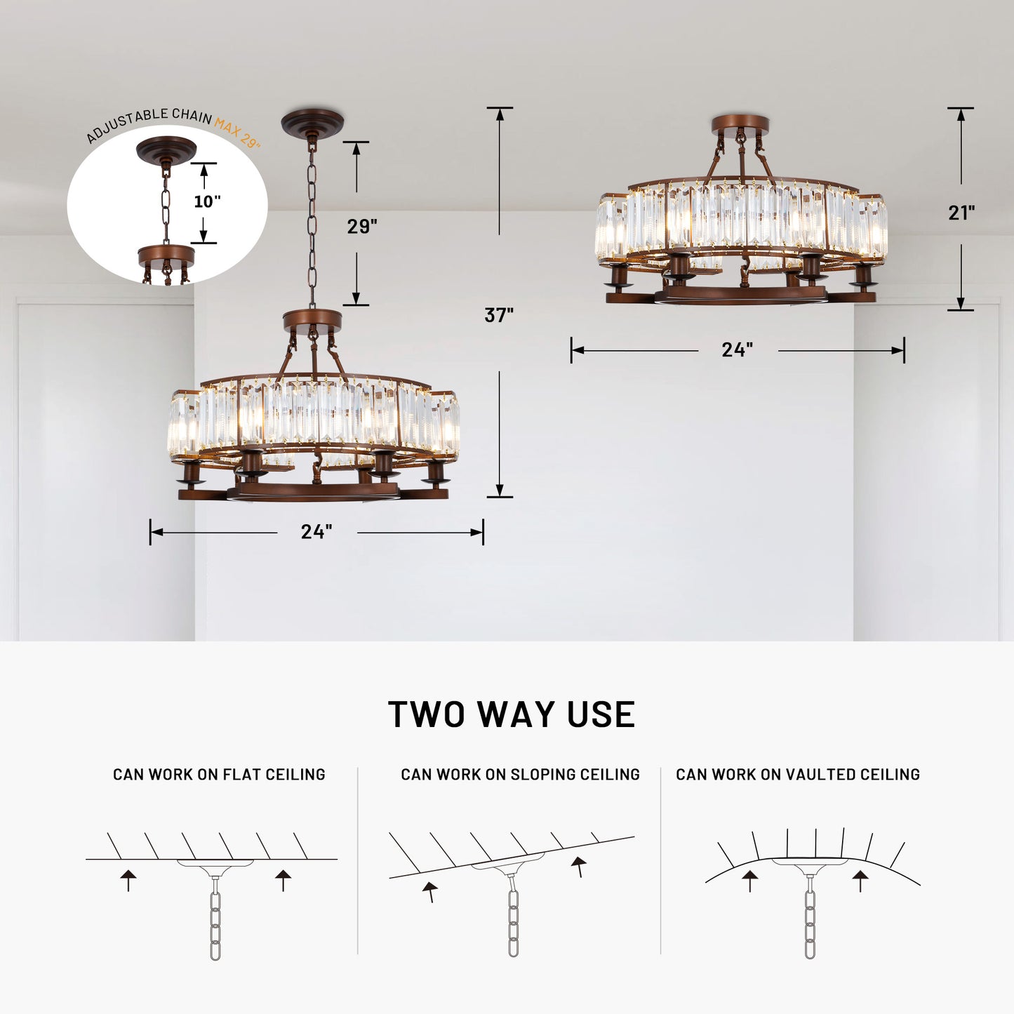 Vintage Brown Adjustable Flush Mount Crystal Chandelier DS-SL06