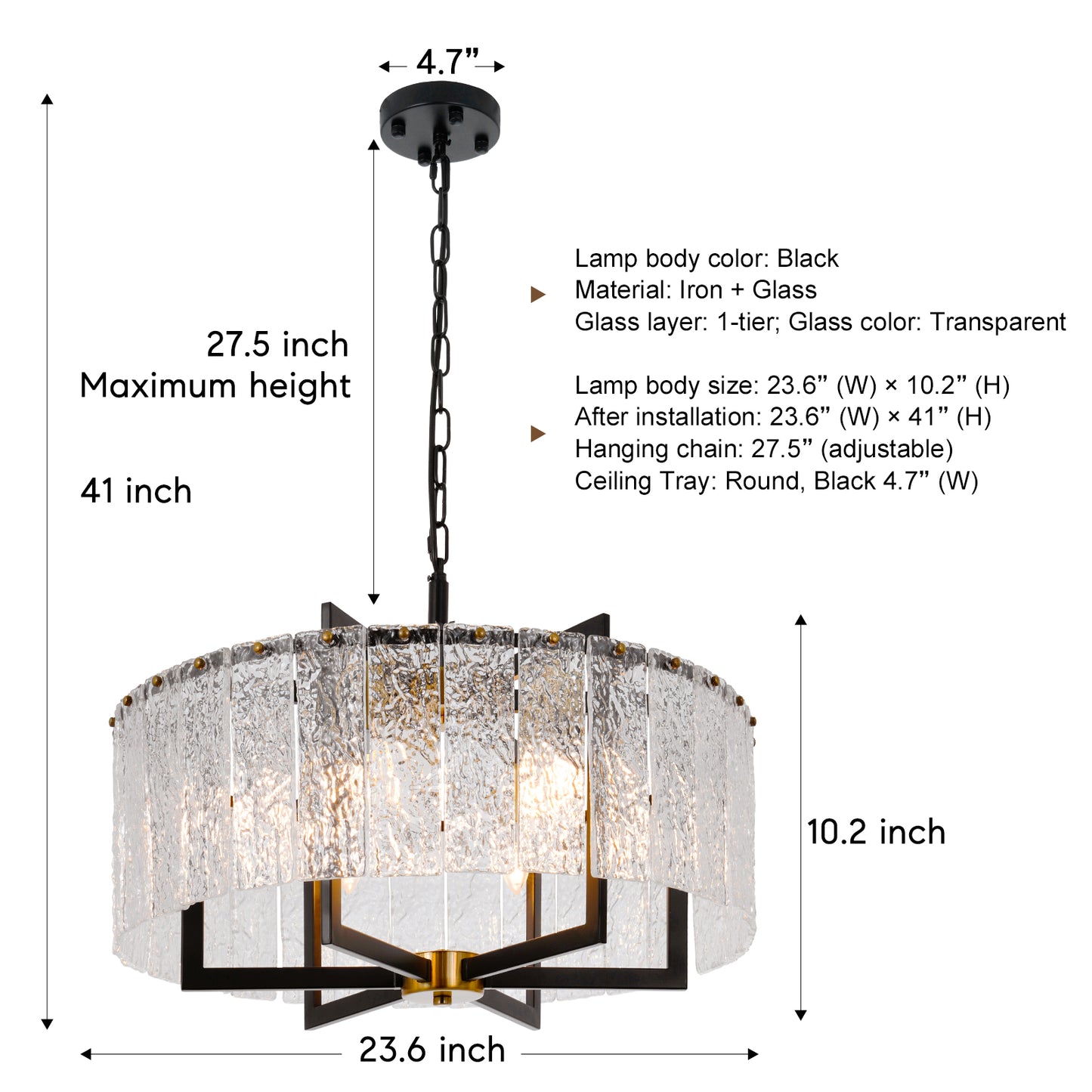 Modern Black Round Drum Water Ripple Glass Crystal Chandelier DS-SQ22