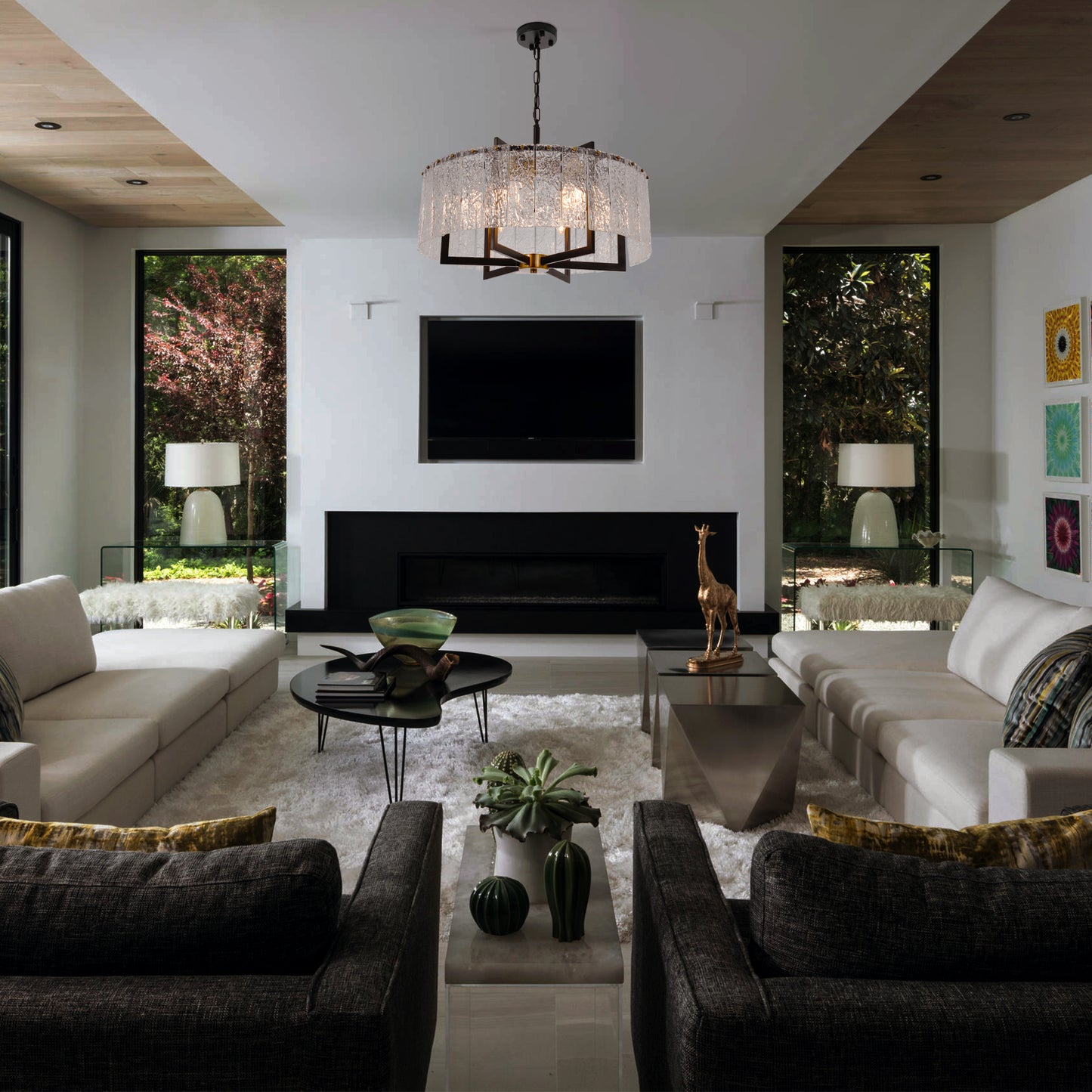 Modern Black Round Drum Water Ripple Glass Crystal Chandelier DS-SQ22