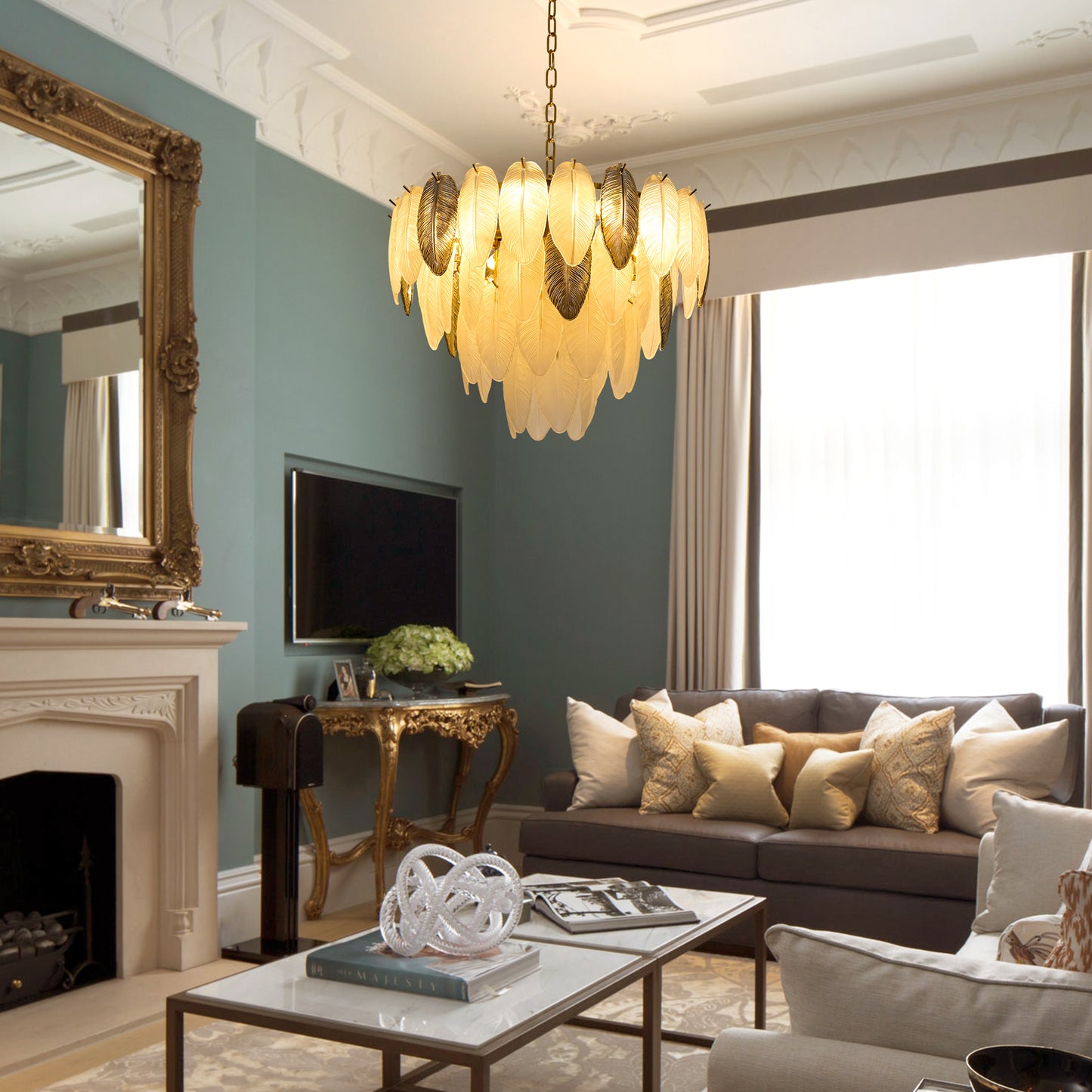 Gold Feather Elegant Crystal Chandelier DS-SQ27