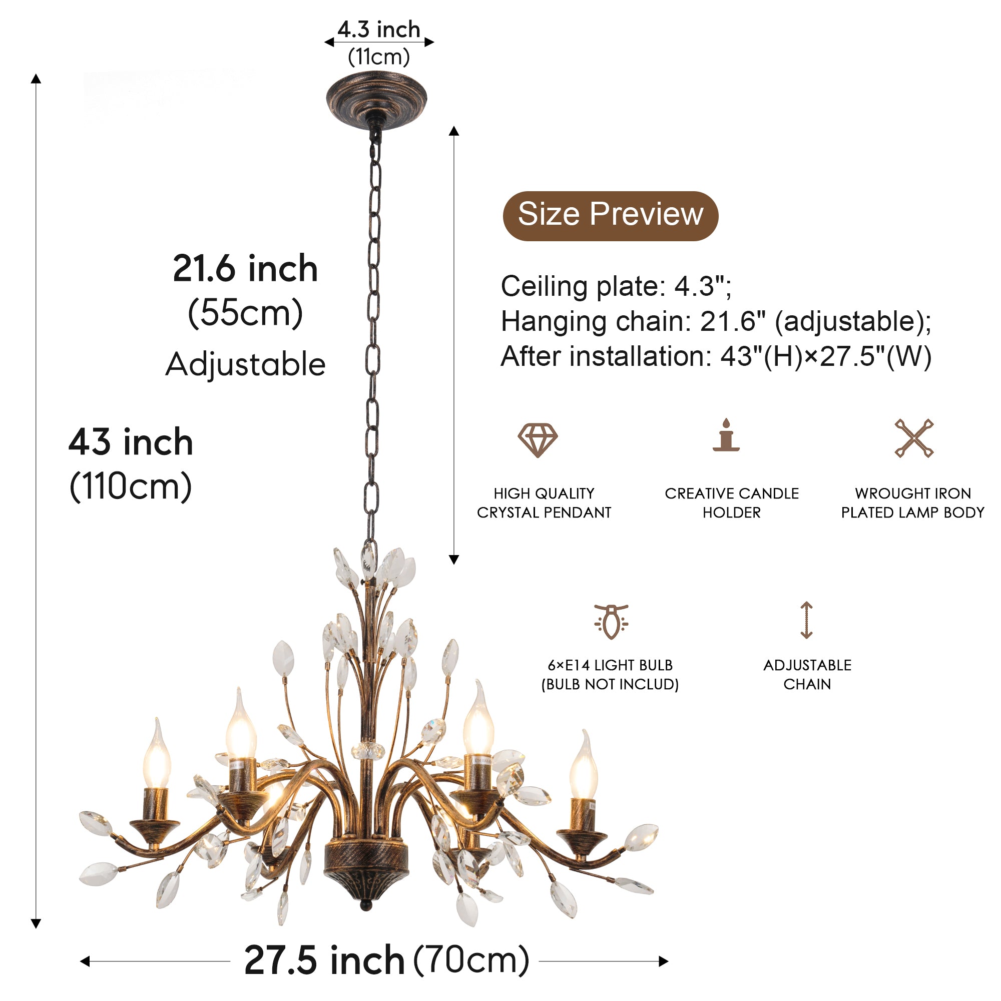 American Retro Crystal Candle Chandelier DS-SQ32