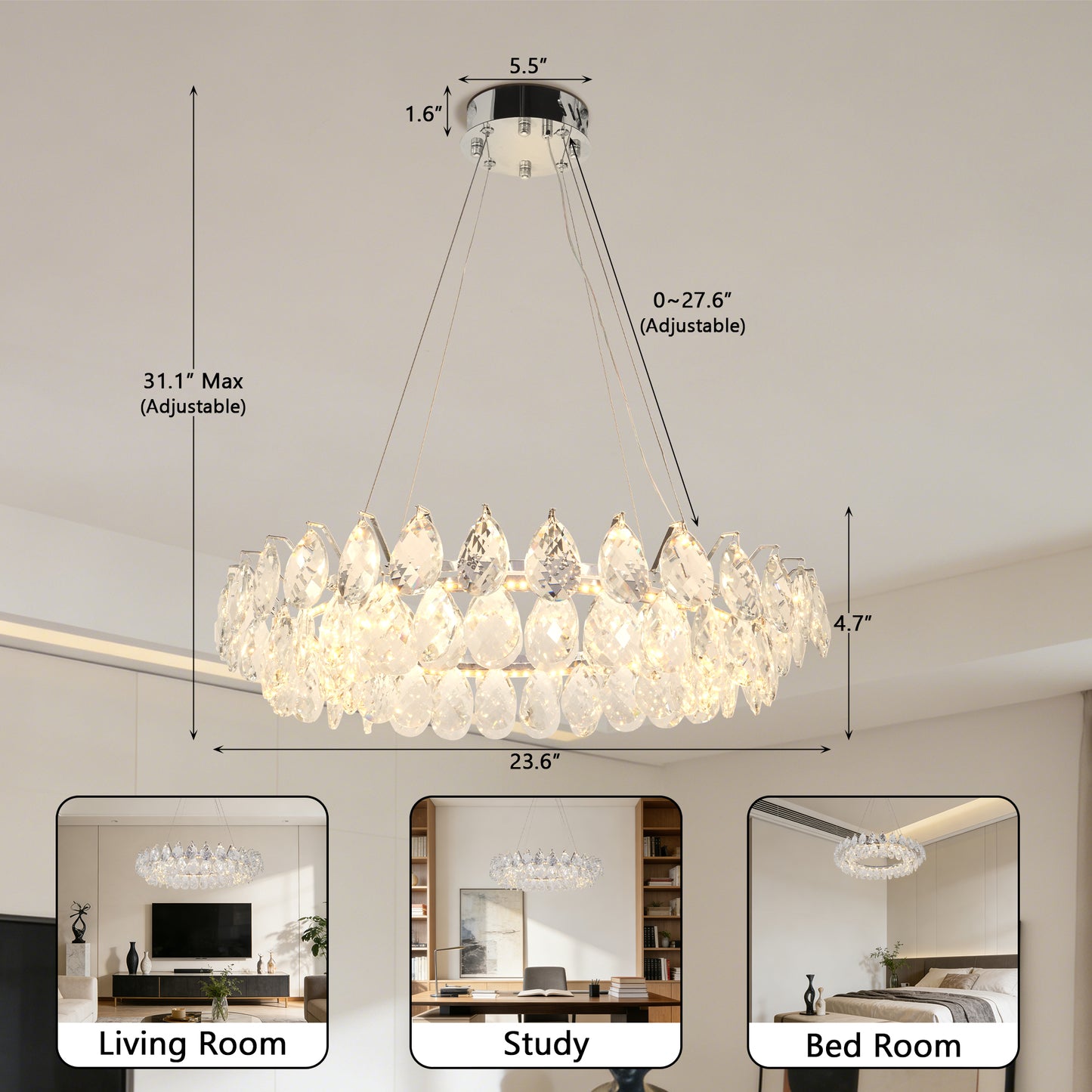 Modern Crystal Chandelier, 3-Color Dimmable LED Pendant Light with Adjustable Hanging Length