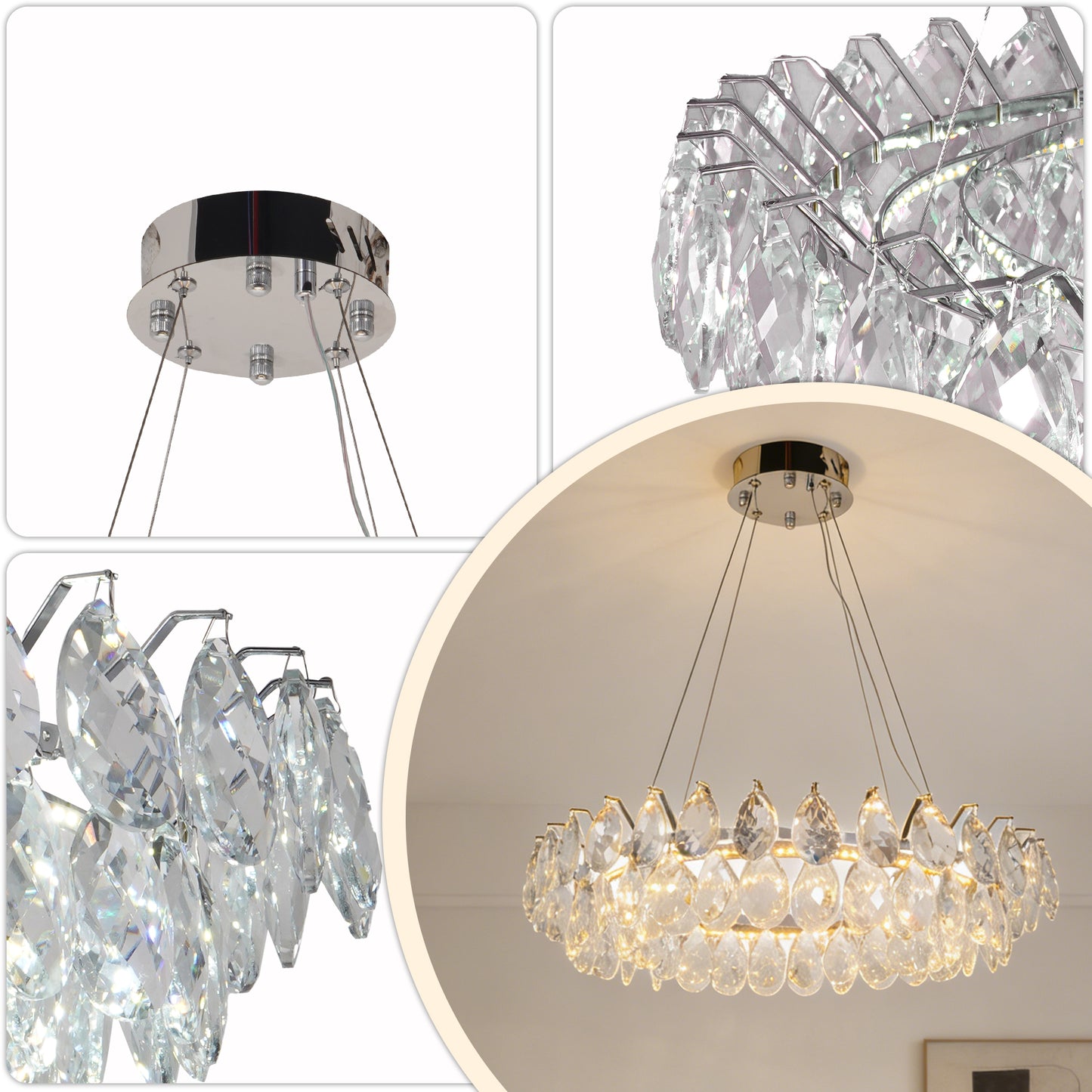 Modern Crystal Chandelier, 3-Color Dimmable LED Pendant Light with Adjustable Hanging Length