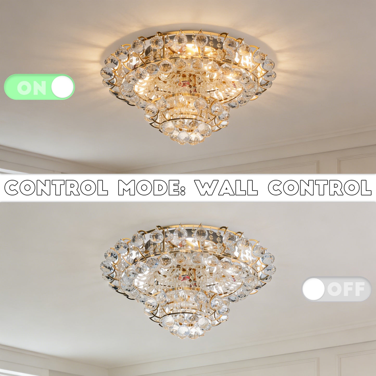 Gold Crystal Flush Mount Ceiling Light | 23.6" 8-Light 3-Color Dimmable Luxury Chandelier