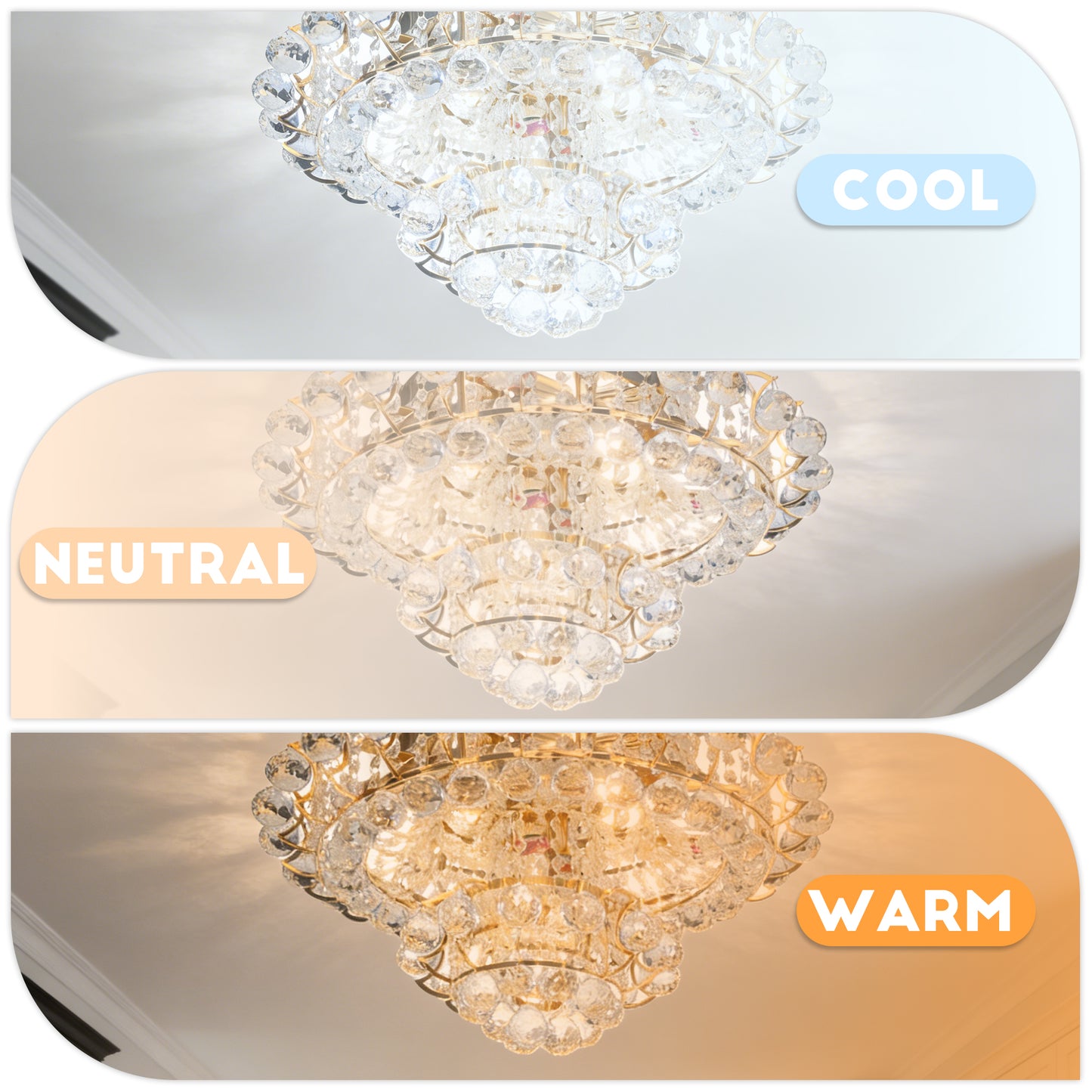 Gold Crystal Flush Mount Ceiling Light | 23.6" 8-Light 3-Color Dimmable Luxury Chandelier