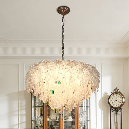 Vintage French Style Leaf Textured Glass Chandelier, 3-Color Dimmable Pendant Light with Adjustable Chain