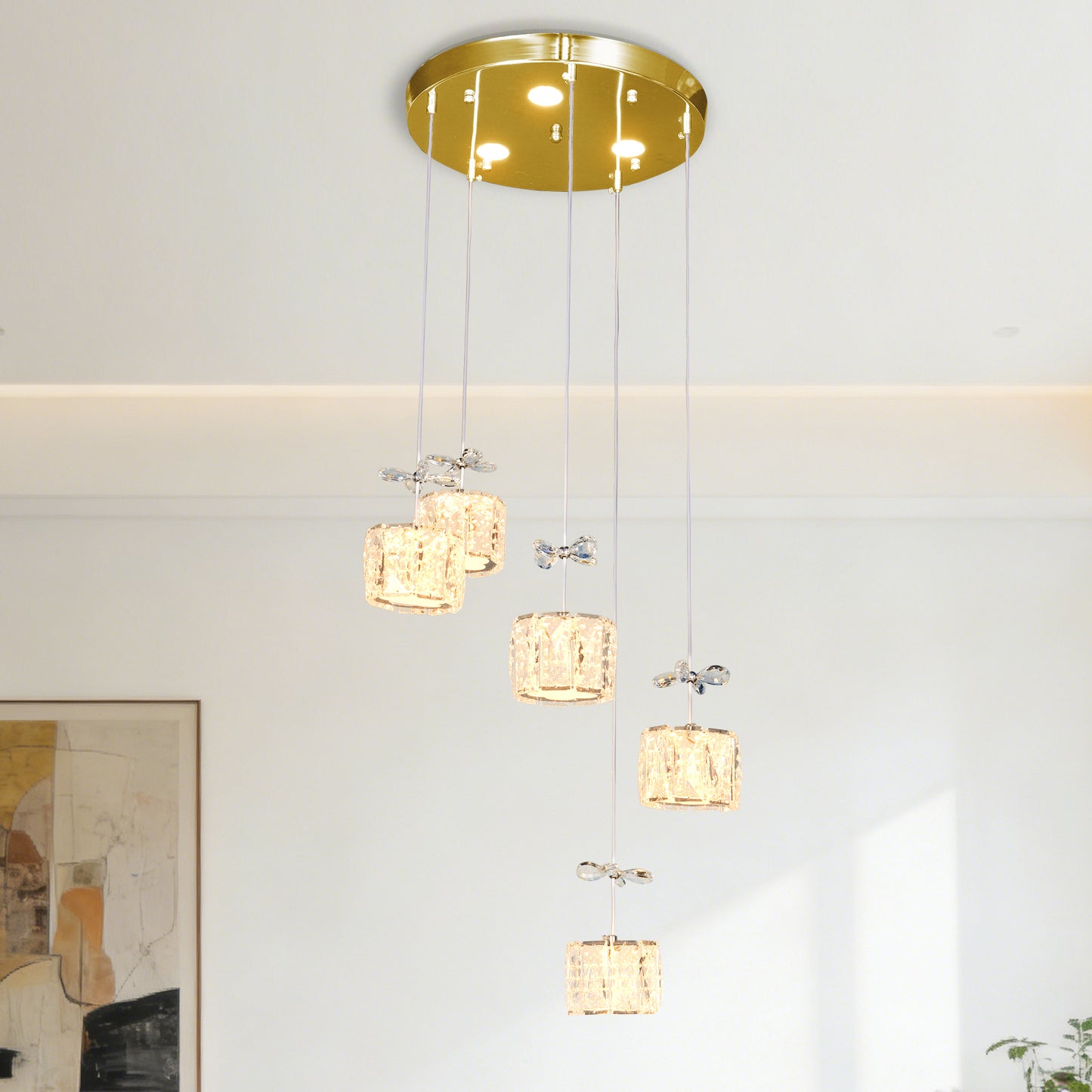 Luxury Gold 5-Light Crystal Pendant Chandelier - 3-Color Dimmable Adjustable Height Bow Decor Ceiling Light