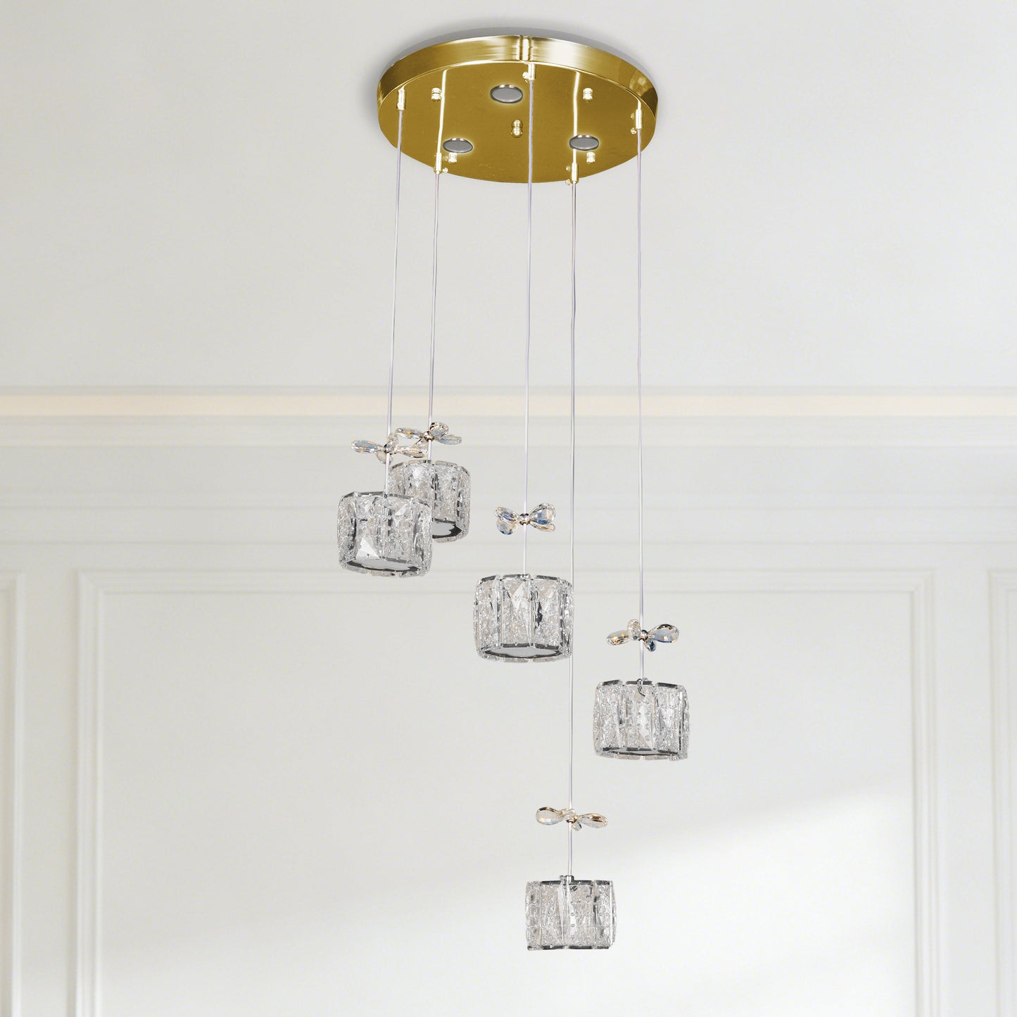 Luxury Gold 5-Light Crystal Pendant Chandelier - 3-Color Dimmable Adjustable Height Bow Decor Ceiling Light