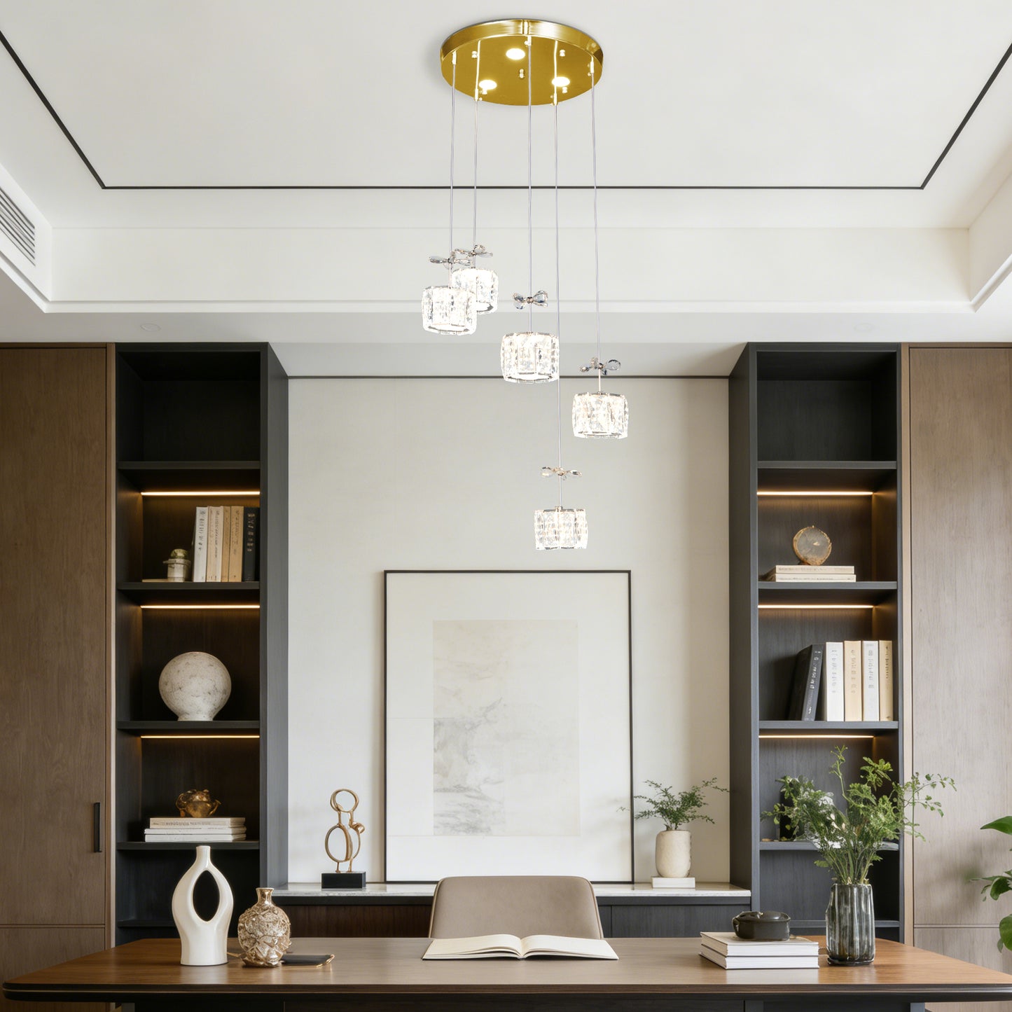 Luxury Gold 5-Light Crystal Pendant Chandelier - 3-Color Dimmable Adjustable Height Bow Decor Ceiling Light