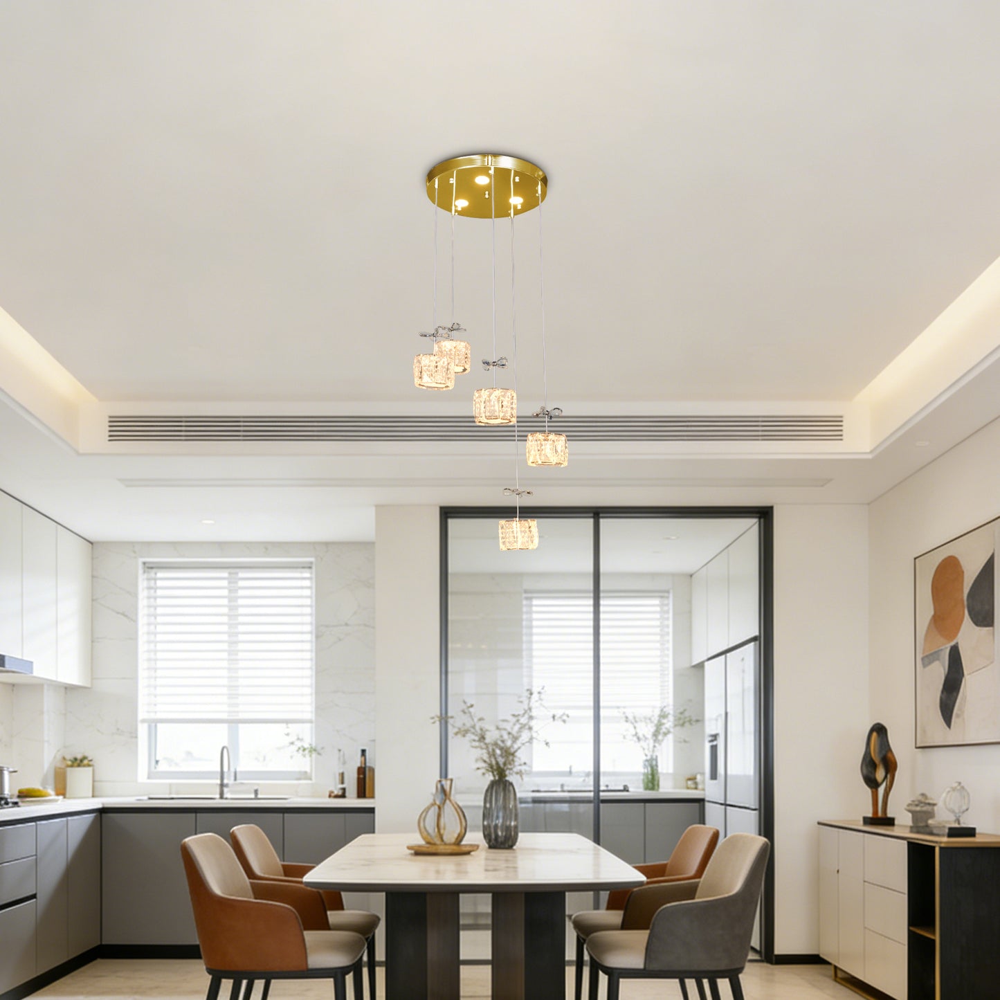 Luxury Gold 5-Light Crystal Pendant Chandelier - 3-Color Dimmable Adjustable Height Bow Decor Ceiling Light