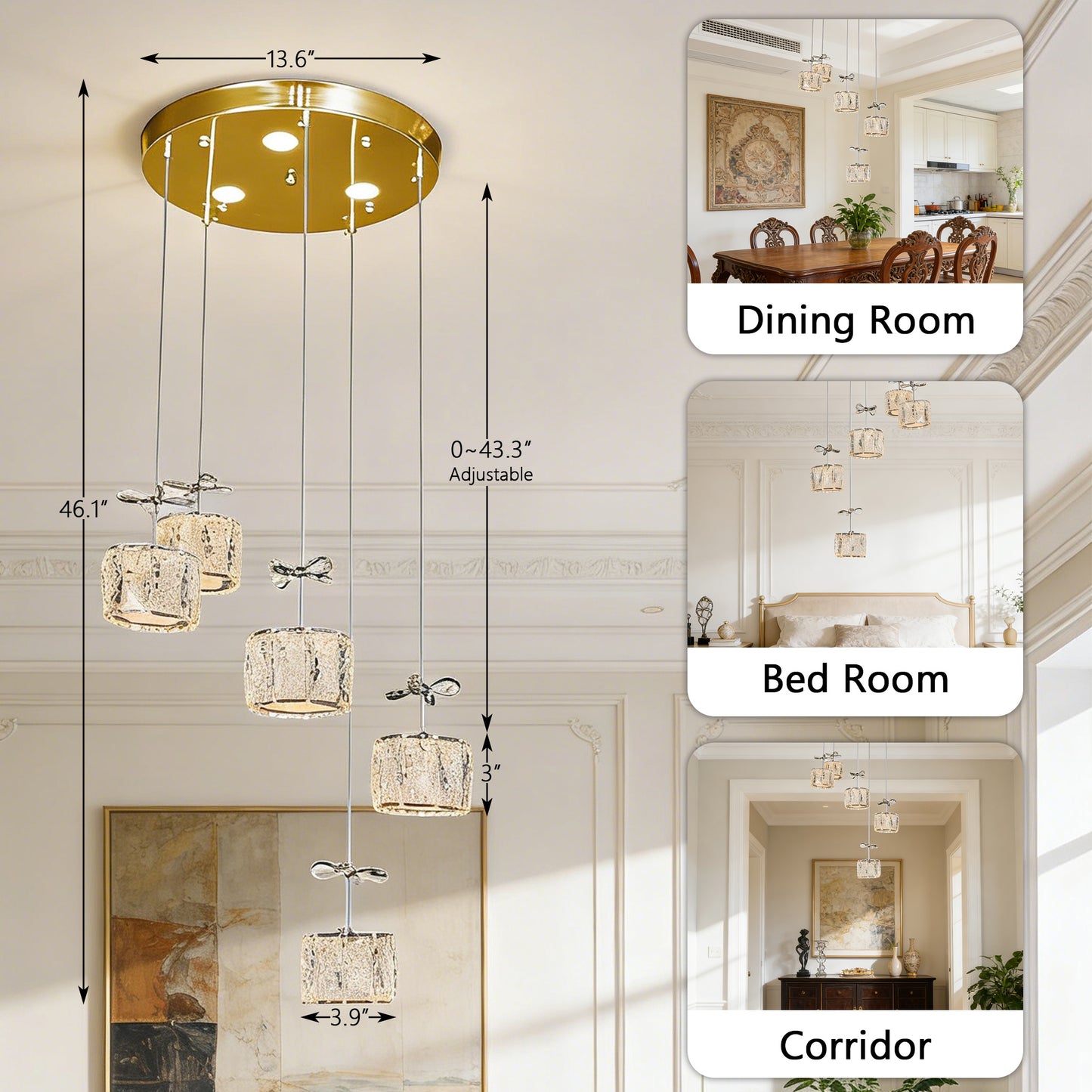 Luxury Gold 5-Light Crystal Pendant Chandelier - 3-Color Dimmable Adjustable Height Bow Decor Ceiling Light