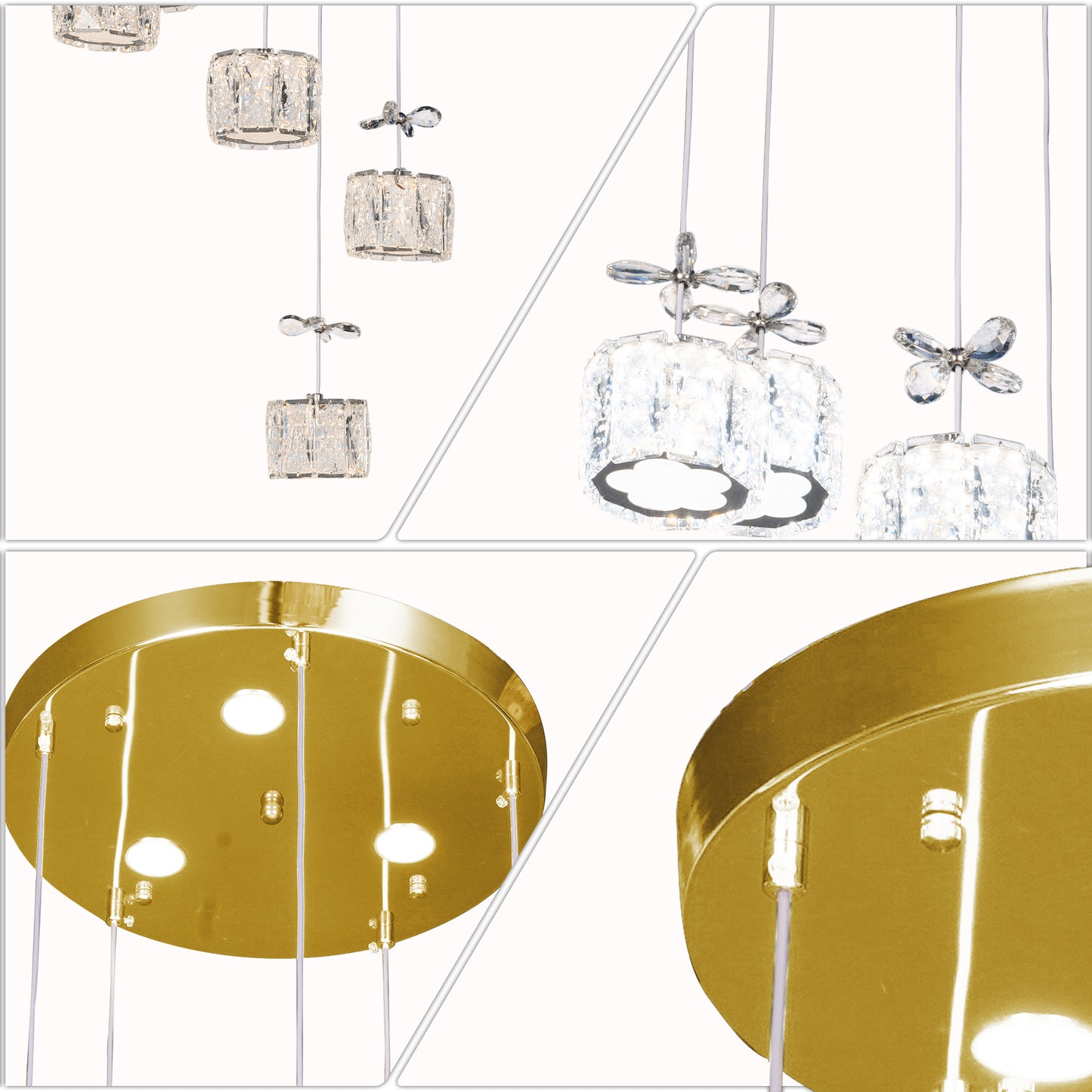 Luxury Gold 5-Light Crystal Pendant Chandelier - 3-Color Dimmable Adjustable Height Bow Decor Ceiling Light