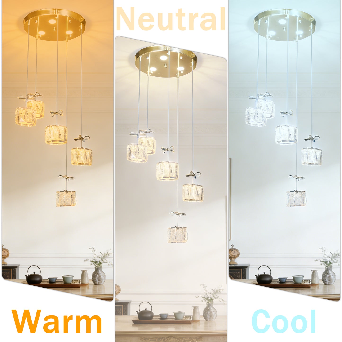 Luxury Gold 5-Light Crystal Pendant Chandelier - 3-Color Dimmable Adjustable Height Bow Decor Ceiling Light