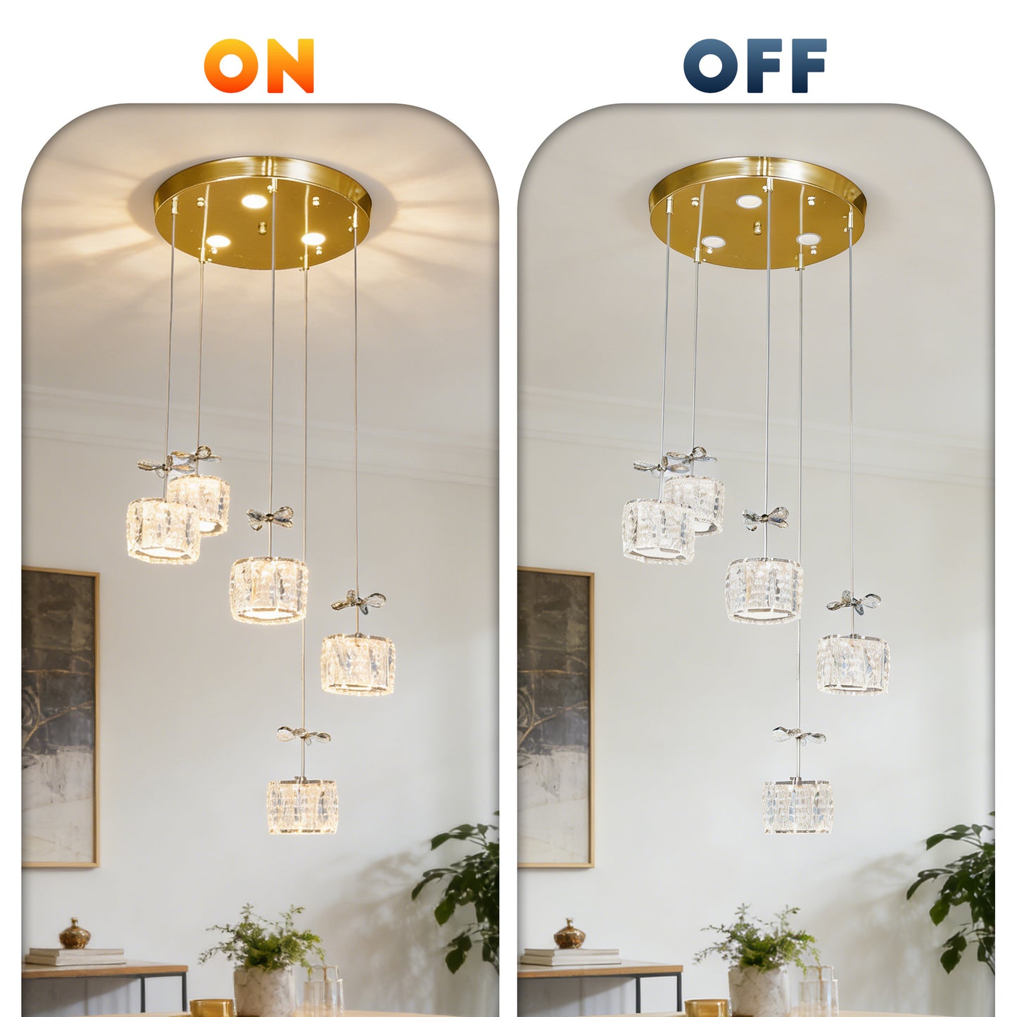 Luxury Gold 5-Light Crystal Pendant Chandelier - 3-Color Dimmable Adjustable Height Bow Decor Ceiling Light