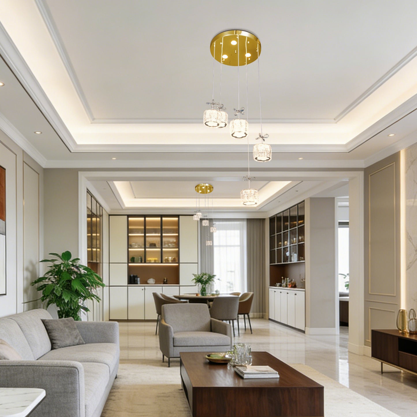 Luxury Gold 5-Light Crystal Pendant Chandelier - 3-Color Dimmable Adjustable Height Bow Decor Ceiling Light