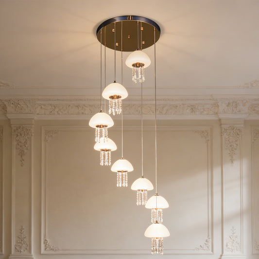 8-Light Modern Crystal Jellyfish Chandelier - 3-Color LED Staircase Pendant Light with Frosted Glass Shades, Gold Finish