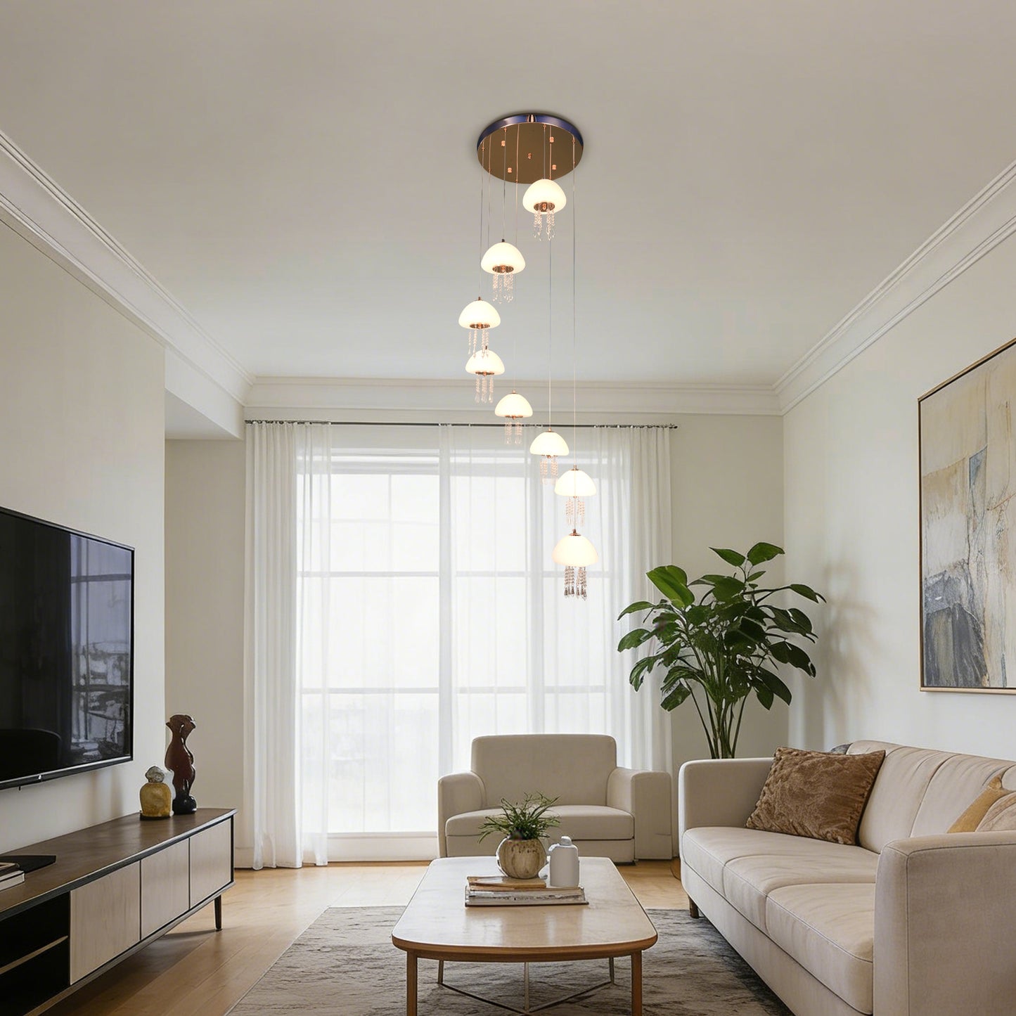 8-Light Modern Crystal Jellyfish Chandelier - 3-Color LED Staircase Pendant Light with Frosted Glass Shades, Gold Finish
