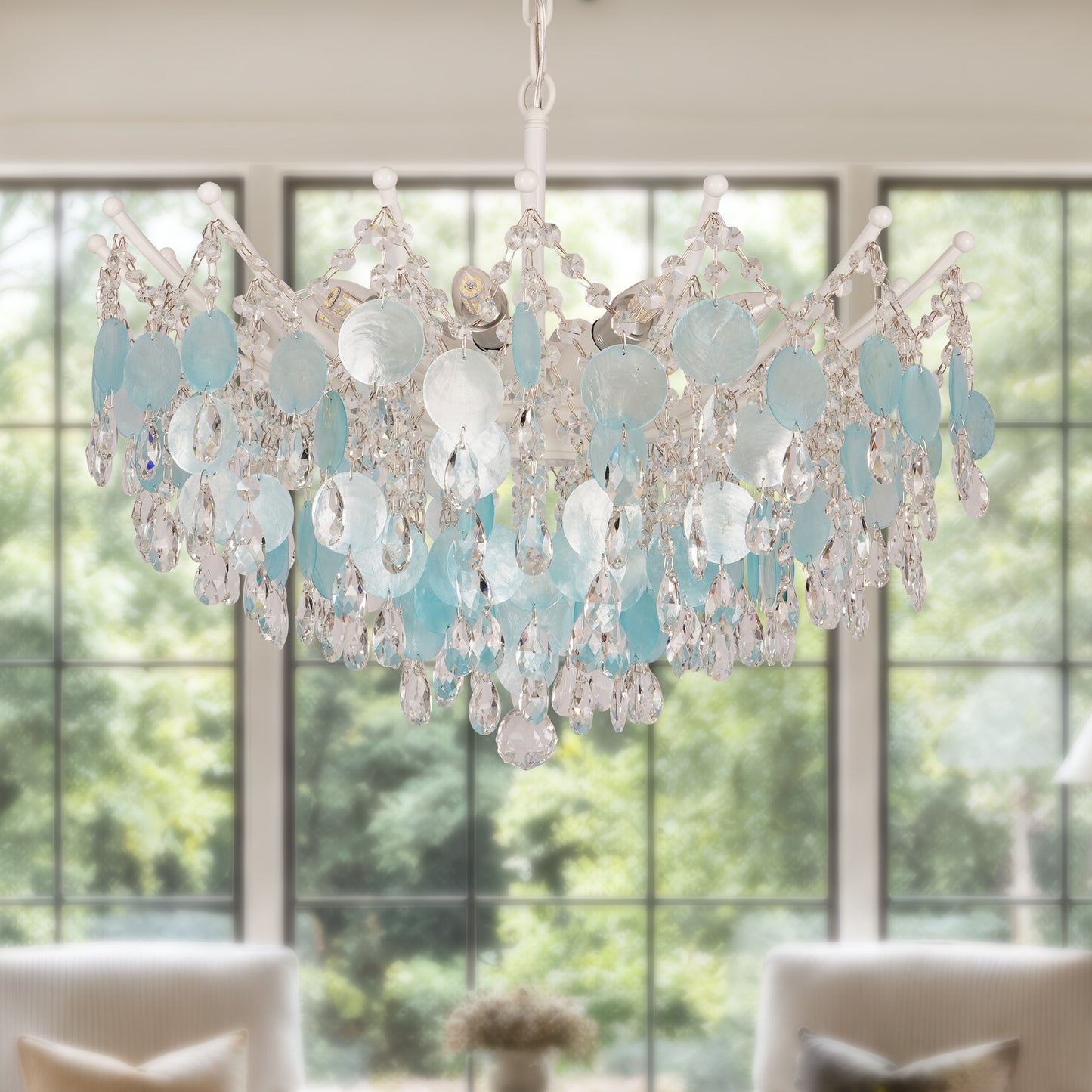 Aqua Shell & Crystal Chandelier, Coastal Modern Ceiling Light Fixture