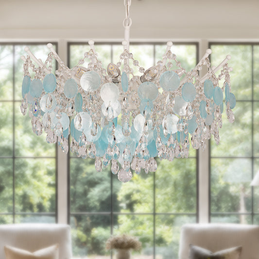 Aqua Shell & Crystal Chandelier, Coastal Modern Ceiling Light Fixture
