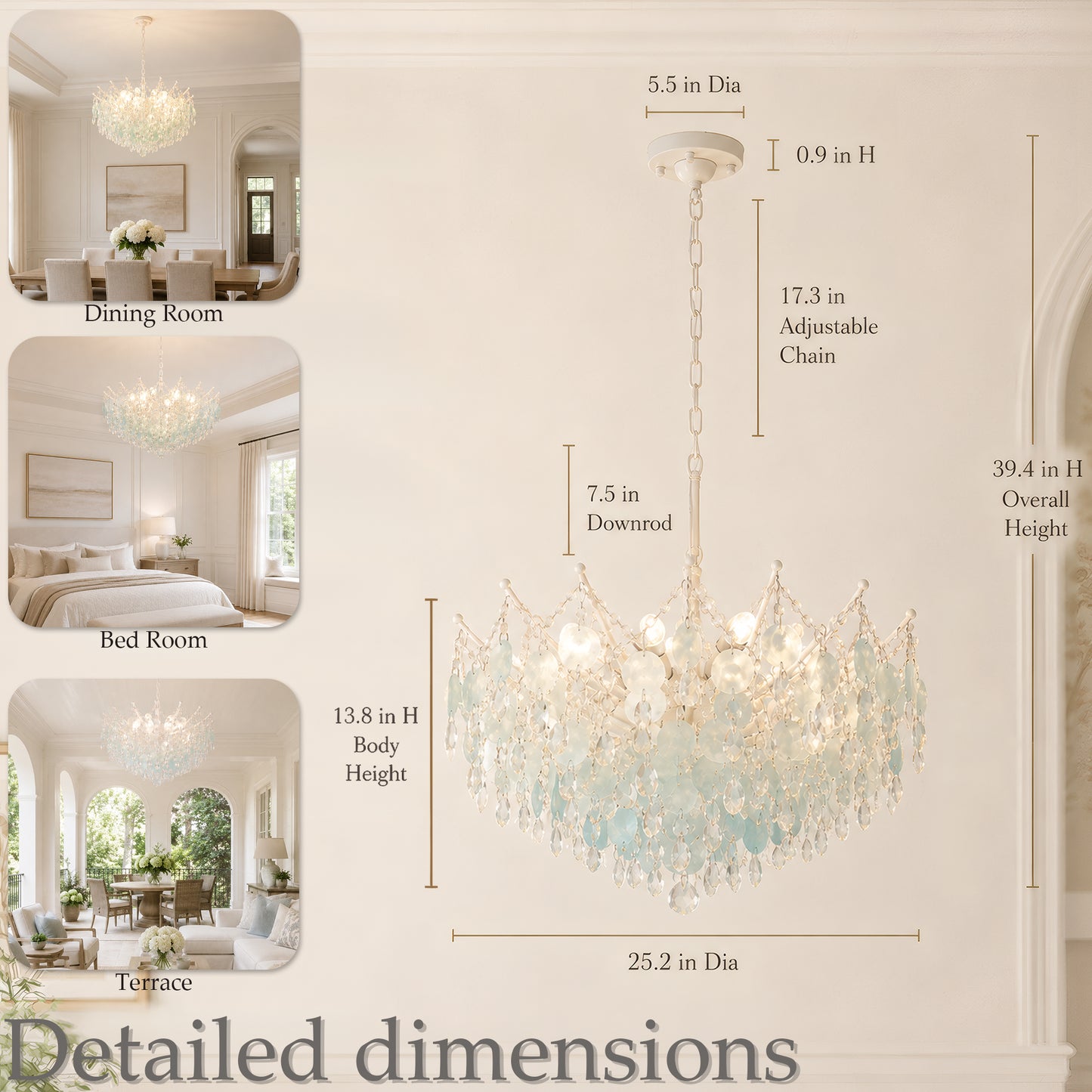 Aqua Shell & Crystal Chandelier, Coastal Modern Ceiling Light Fixture
