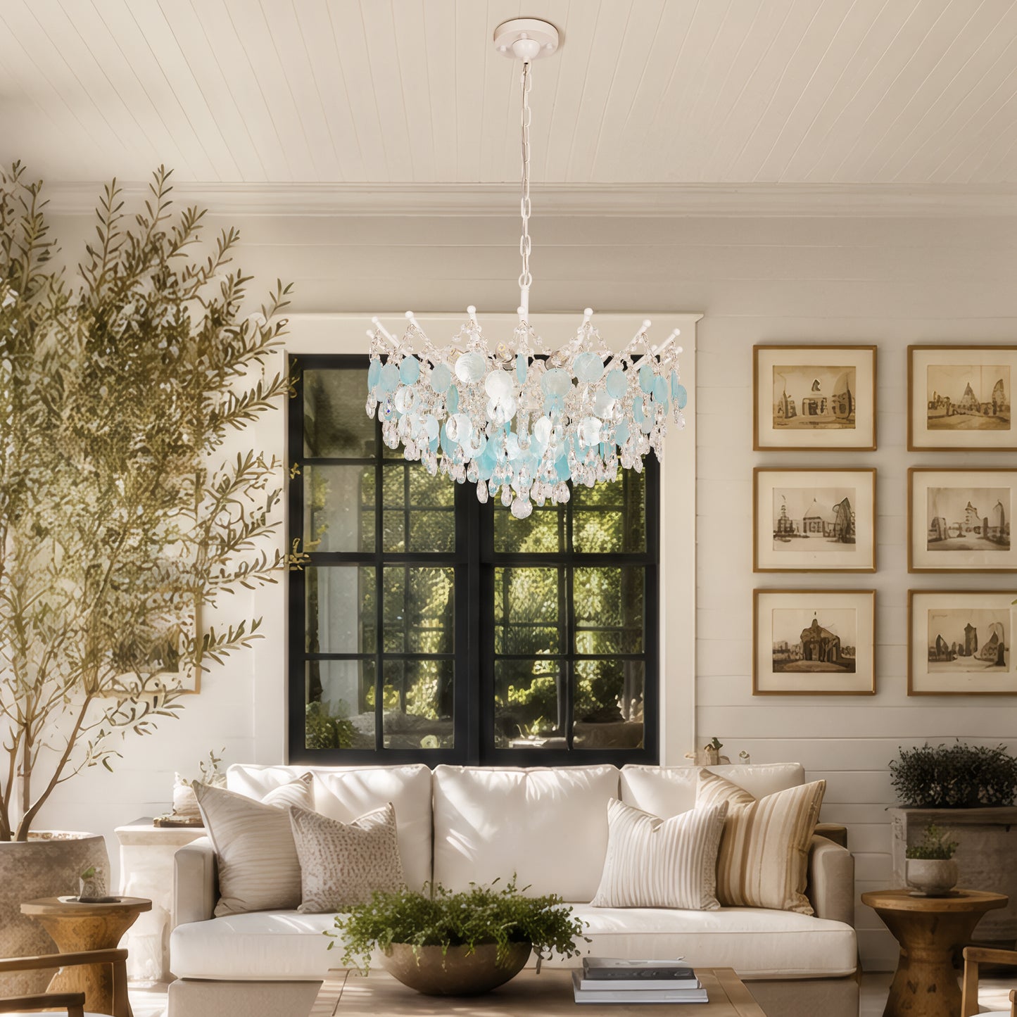 Aqua Shell & Crystal Chandelier, Coastal Modern Ceiling Light Fixture