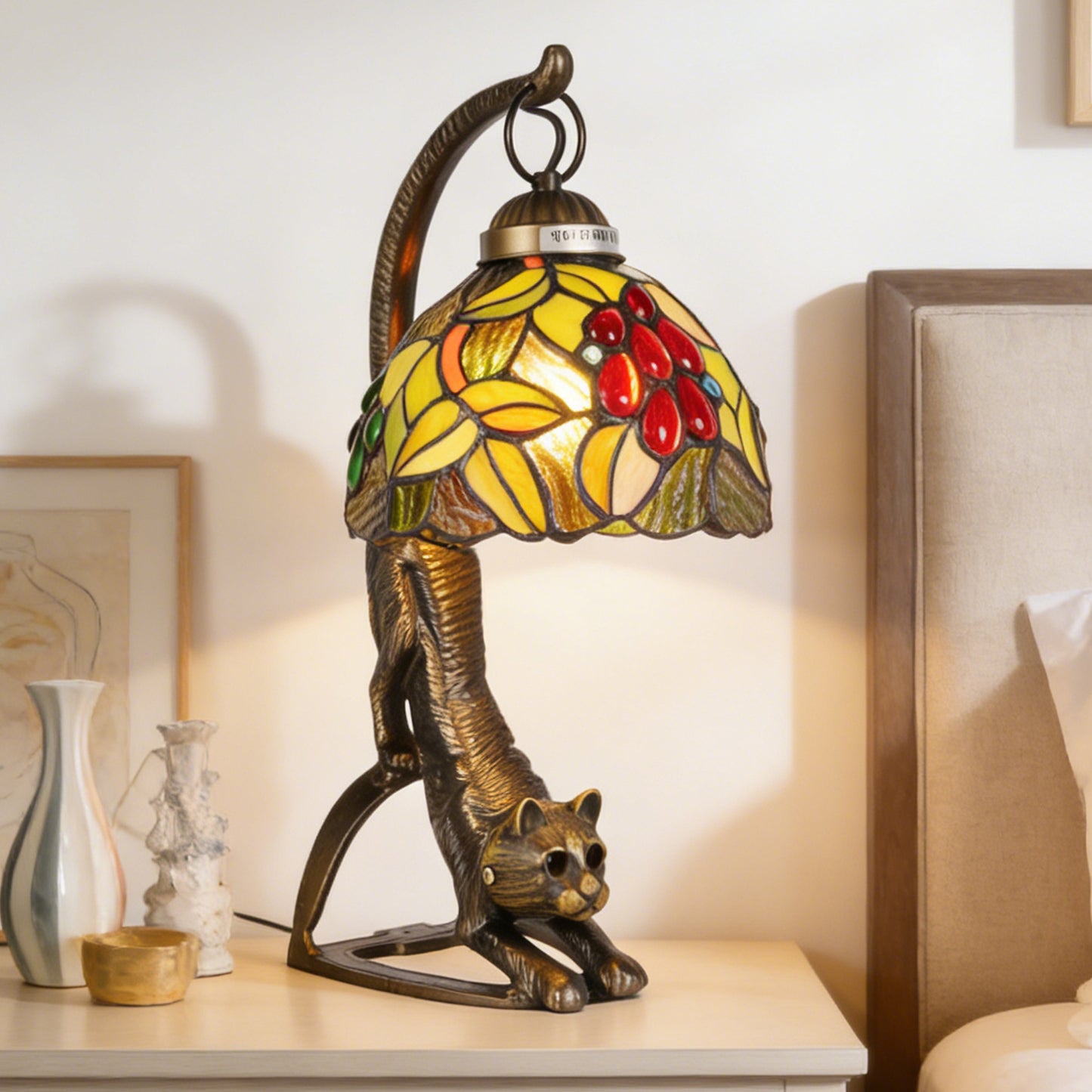 Vintage Tiffany Style Cat Stained Glass Table Lamp - Arched Fruit/Leaf Pattern Desk Lamp