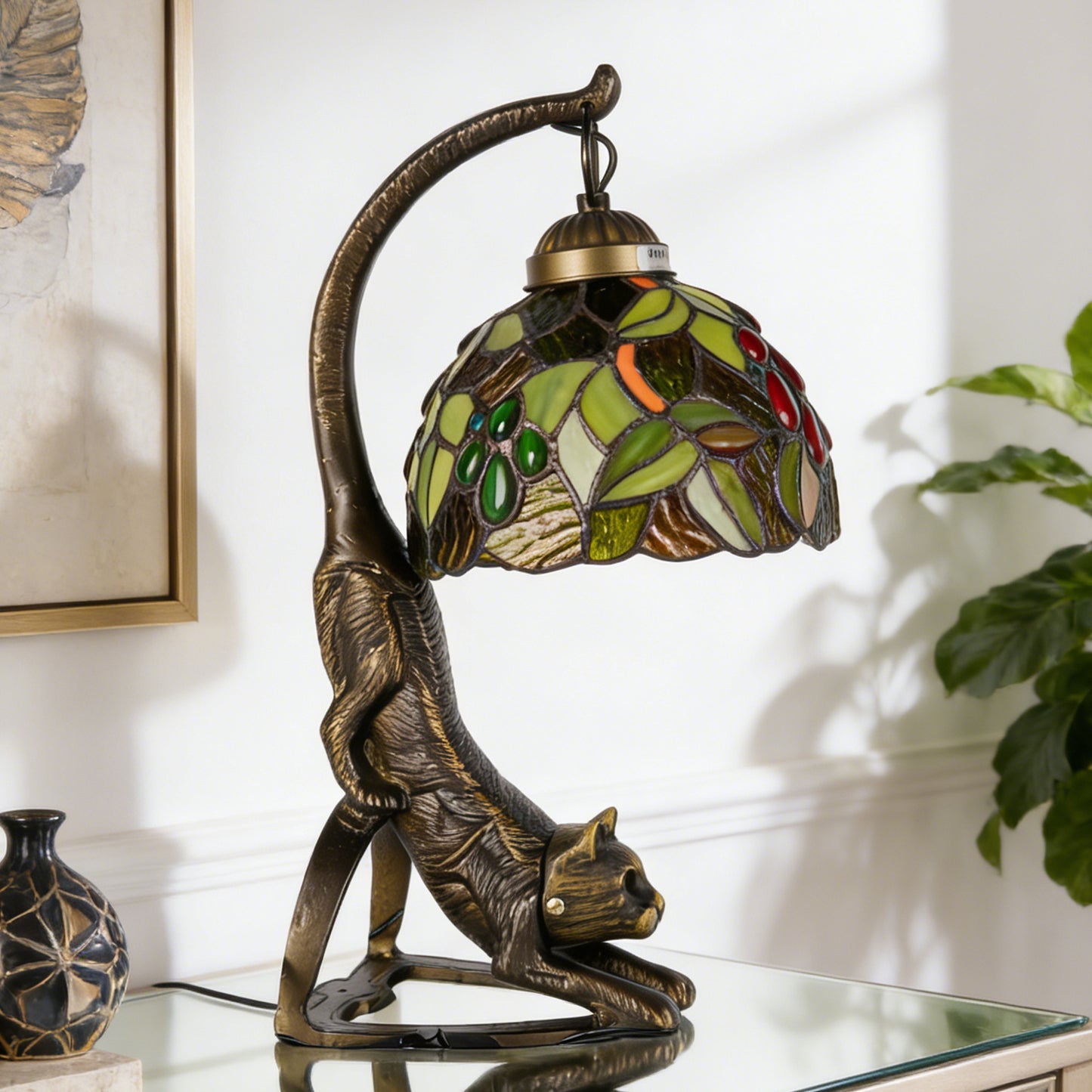 Vintage Tiffany Style Cat Stained Glass Table Lamp - Arched Fruit/Leaf Pattern Desk Lamp
