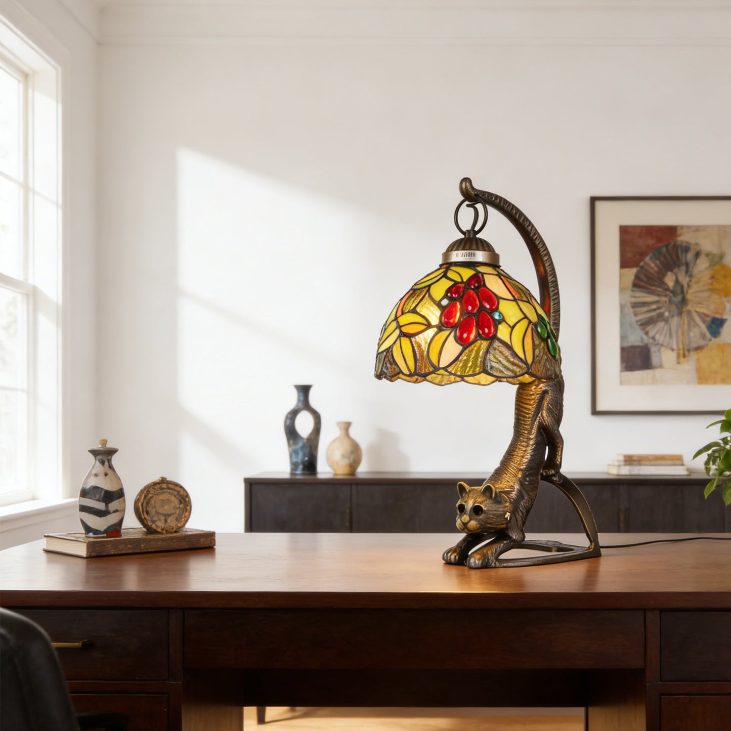 Vintage Tiffany Style Cat Stained Glass Table Lamp - Arched Fruit/Leaf Pattern Desk Lamp
