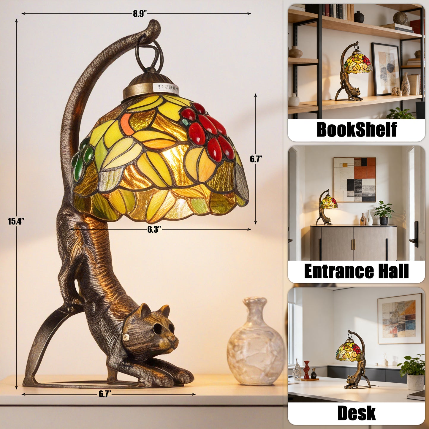 Vintage Tiffany Style Cat Stained Glass Table Lamp - Arched Fruit/Leaf Pattern Desk Lamp