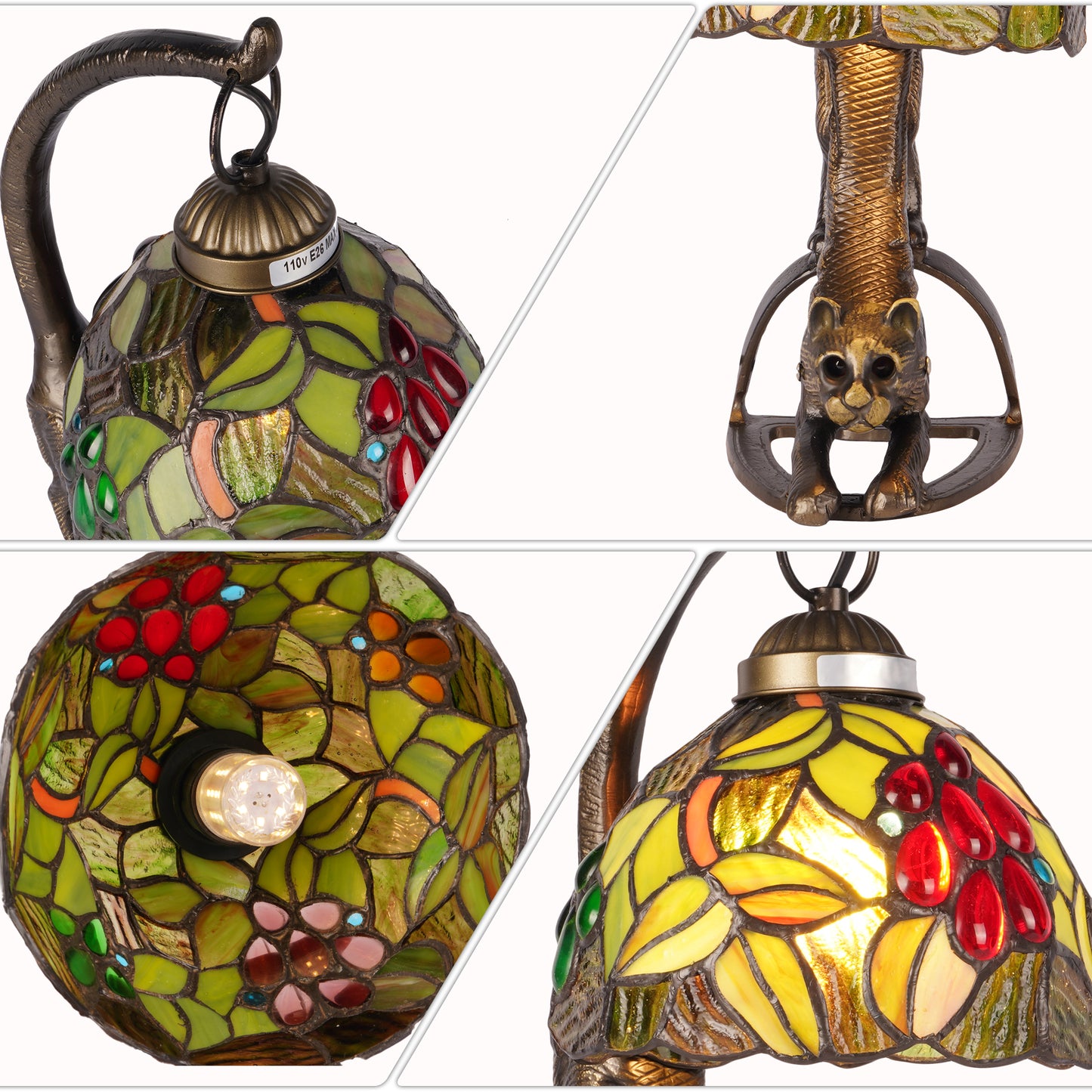 Vintage Tiffany Style Cat Stained Glass Table Lamp - Arched Fruit/Leaf Pattern Desk Lamp