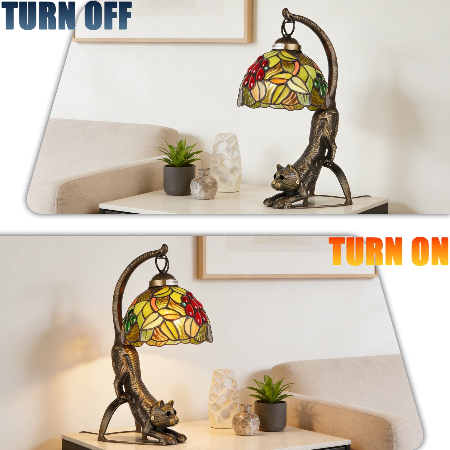 Vintage Tiffany Style Cat Stained Glass Table Lamp - Arched Fruit/Leaf Pattern Desk Lamp