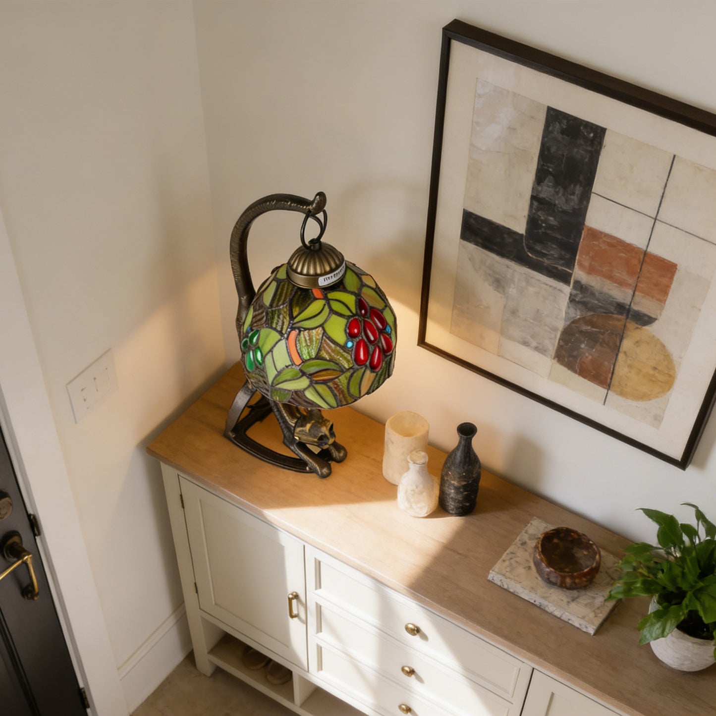 Vintage Tiffany Style Cat Stained Glass Table Lamp - Arched Fruit/Leaf Pattern Desk Lamp