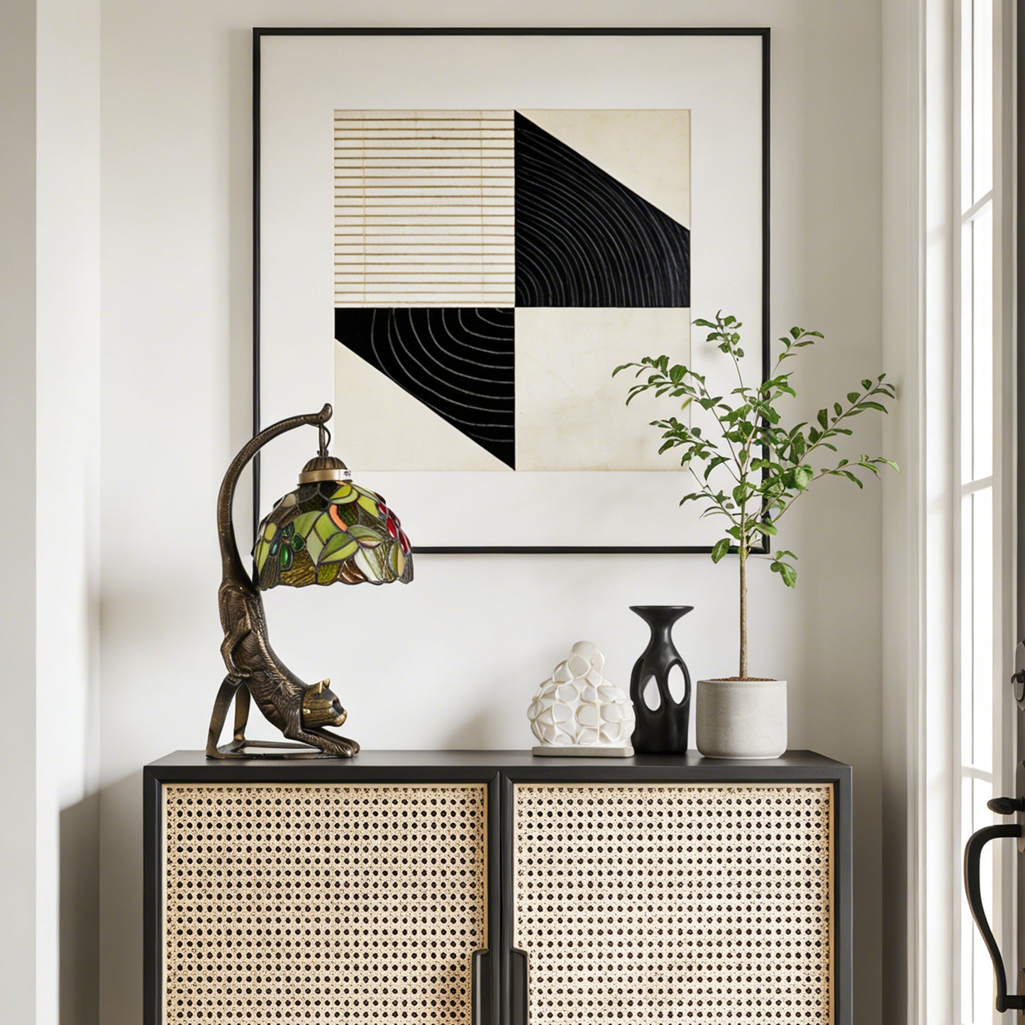 Vintage Tiffany Style Cat Stained Glass Table Lamp - Arched Fruit/Leaf Pattern Desk Lamp