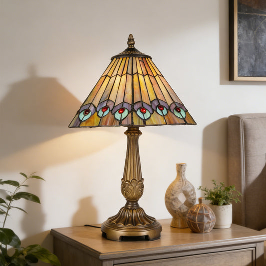 Vintage Tiffany Style Peacock Eye Stained Glass Table Lamp - Bronze Carved Base Desk Lamp