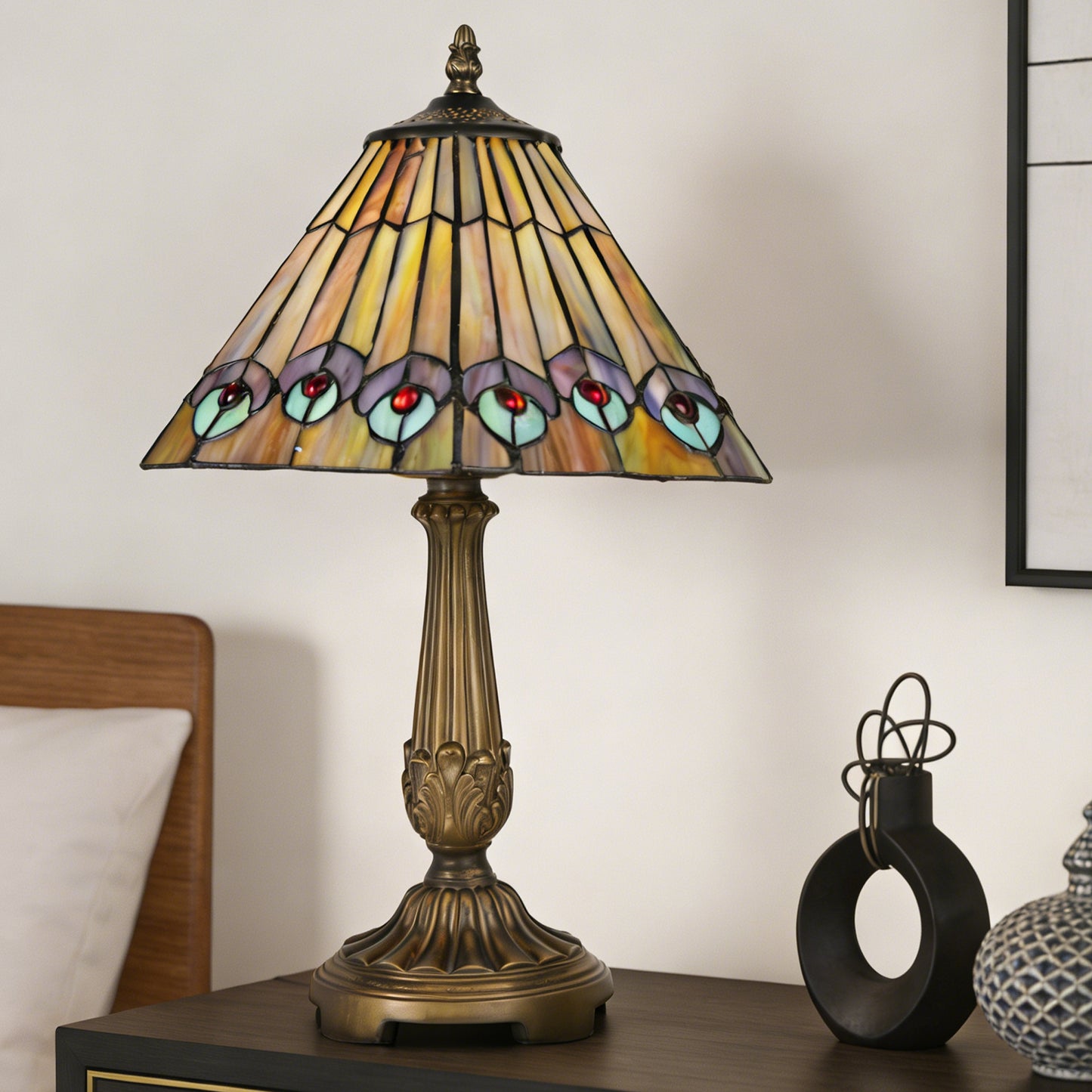 Vintage Tiffany Style Peacock Eye Stained Glass Table Lamp - Bronze Carved Base Desk Lamp
