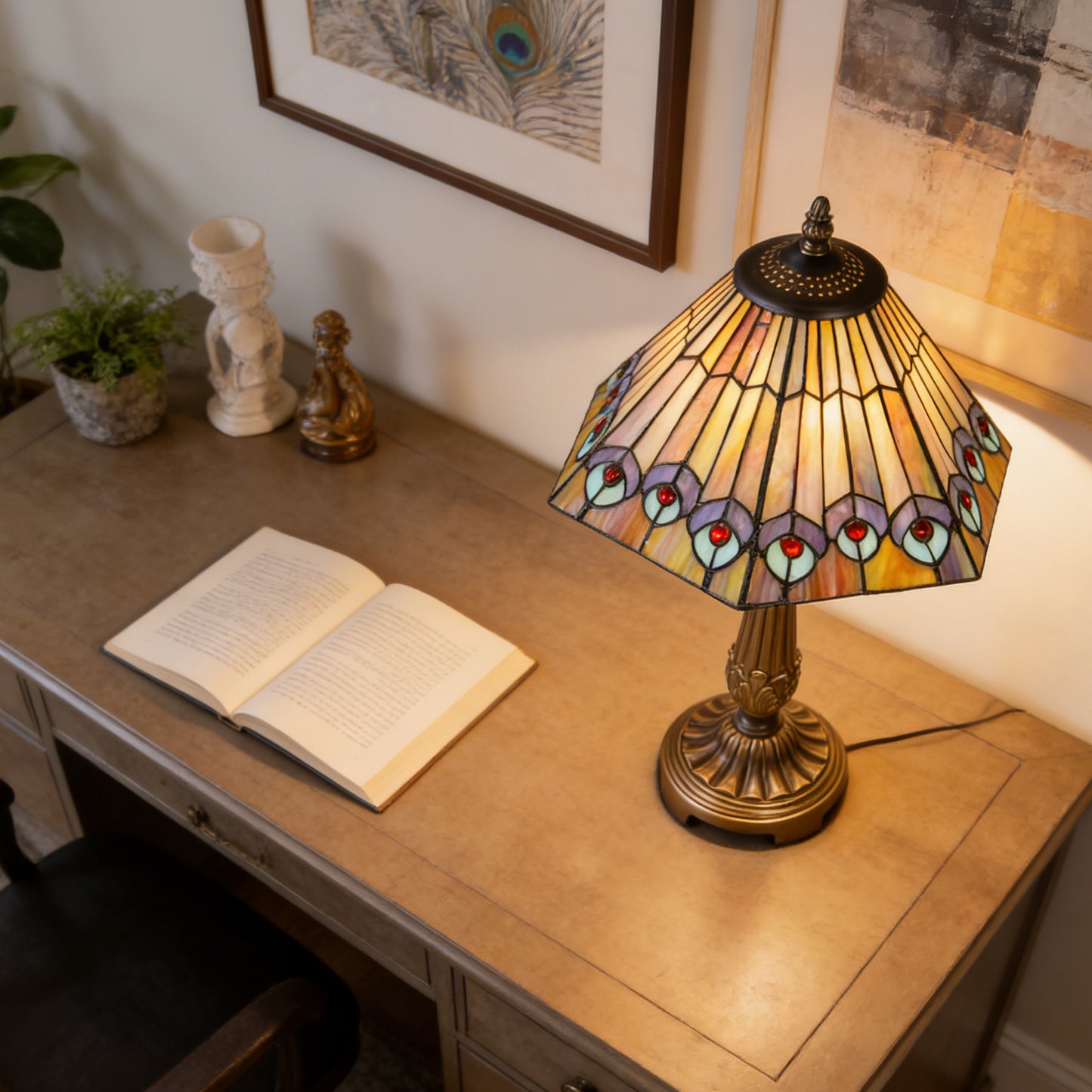 Vintage Tiffany Style Peacock Eye Stained Glass Table Lamp - Bronze Carved Base Desk Lamp