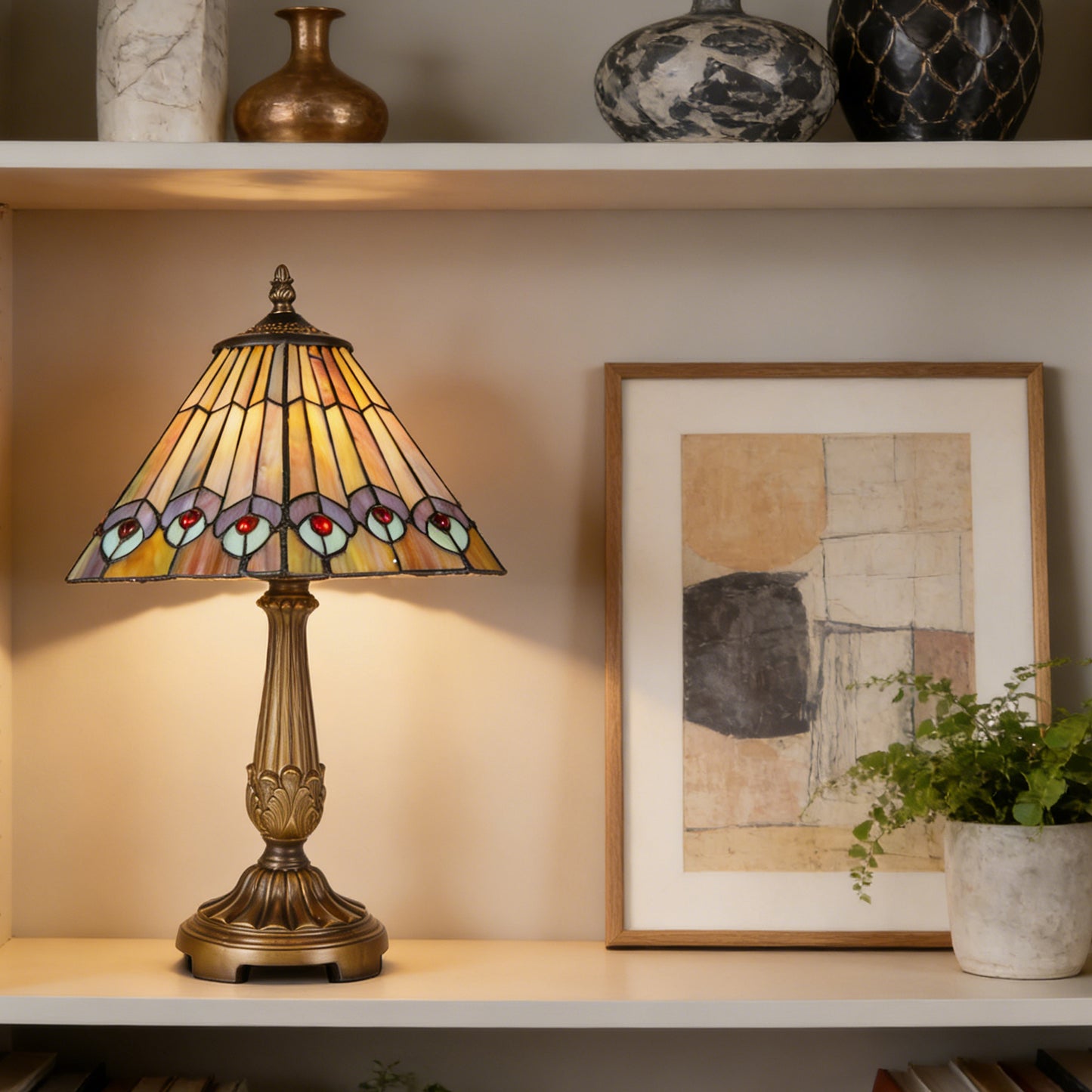 Vintage Tiffany Style Peacock Eye Stained Glass Table Lamp - Bronze Carved Base Desk Lamp