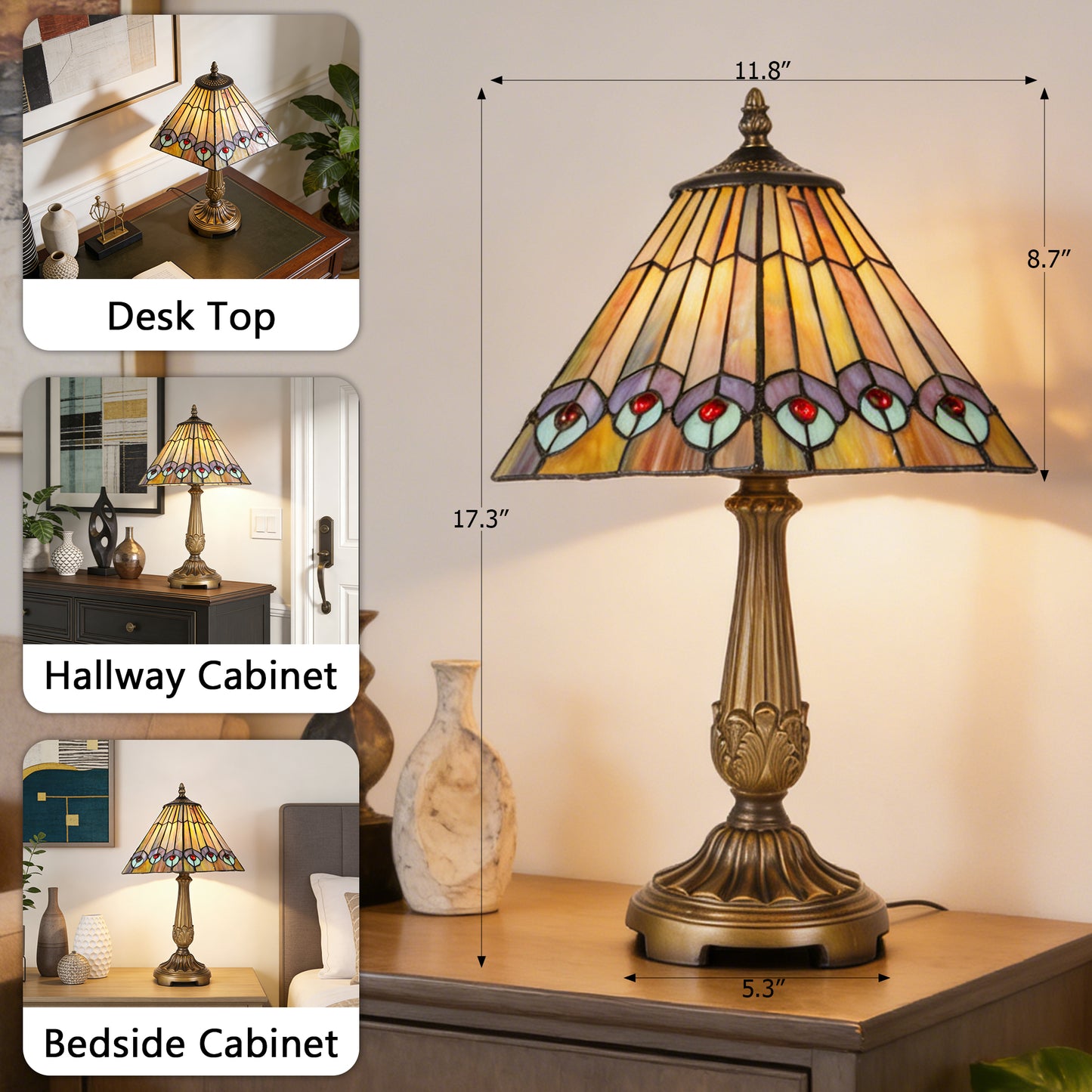 Vintage Tiffany Style Peacock Eye Stained Glass Table Lamp - Bronze Carved Base Desk Lamp