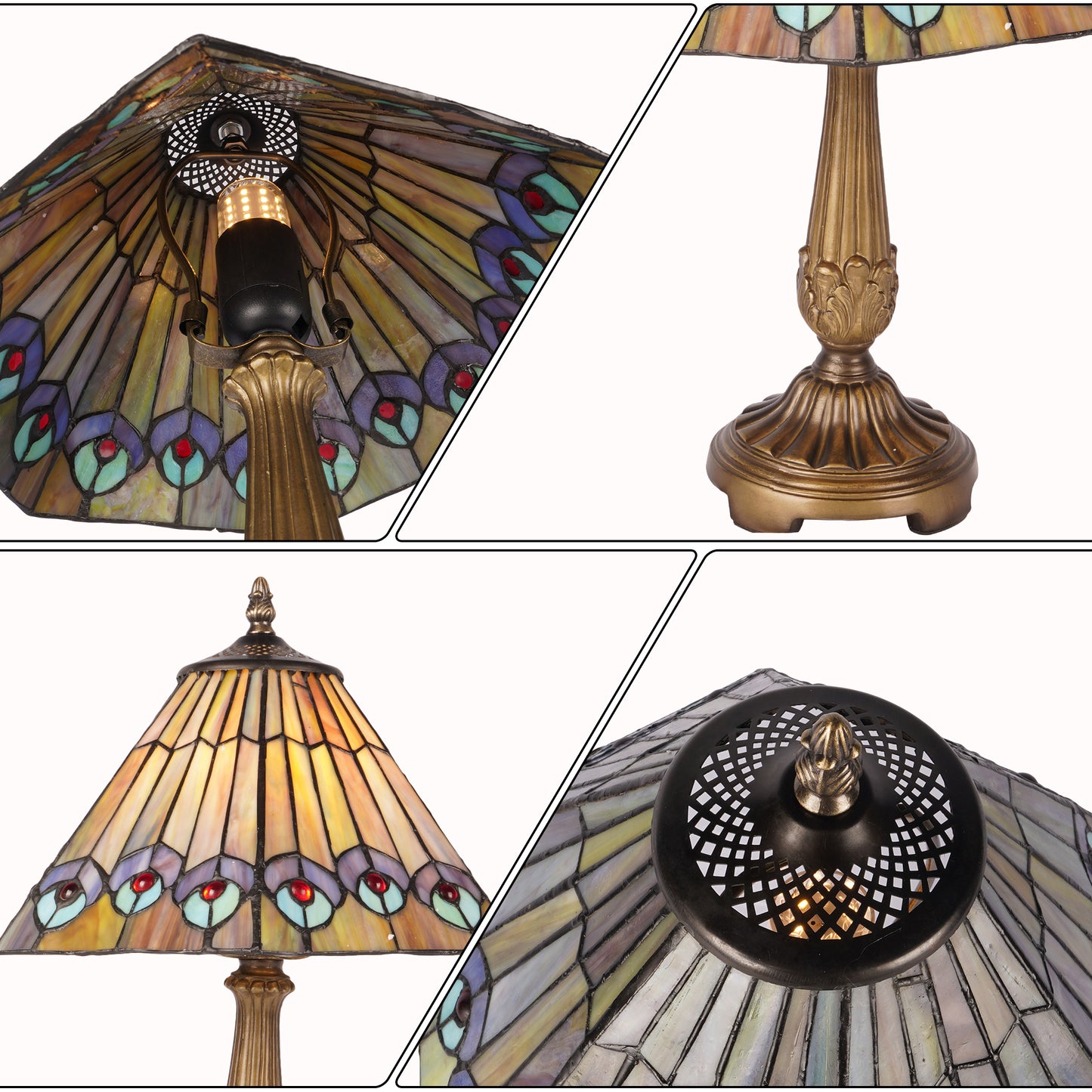 Vintage Tiffany Style Peacock Eye Stained Glass Table Lamp - Bronze Carved Base Desk Lamp