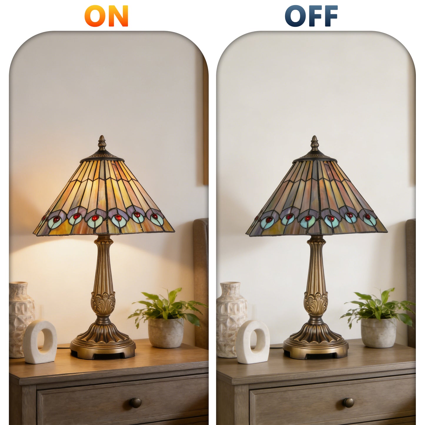 Vintage Tiffany Style Peacock Eye Stained Glass Table Lamp - Bronze Carved Base Desk Lamp