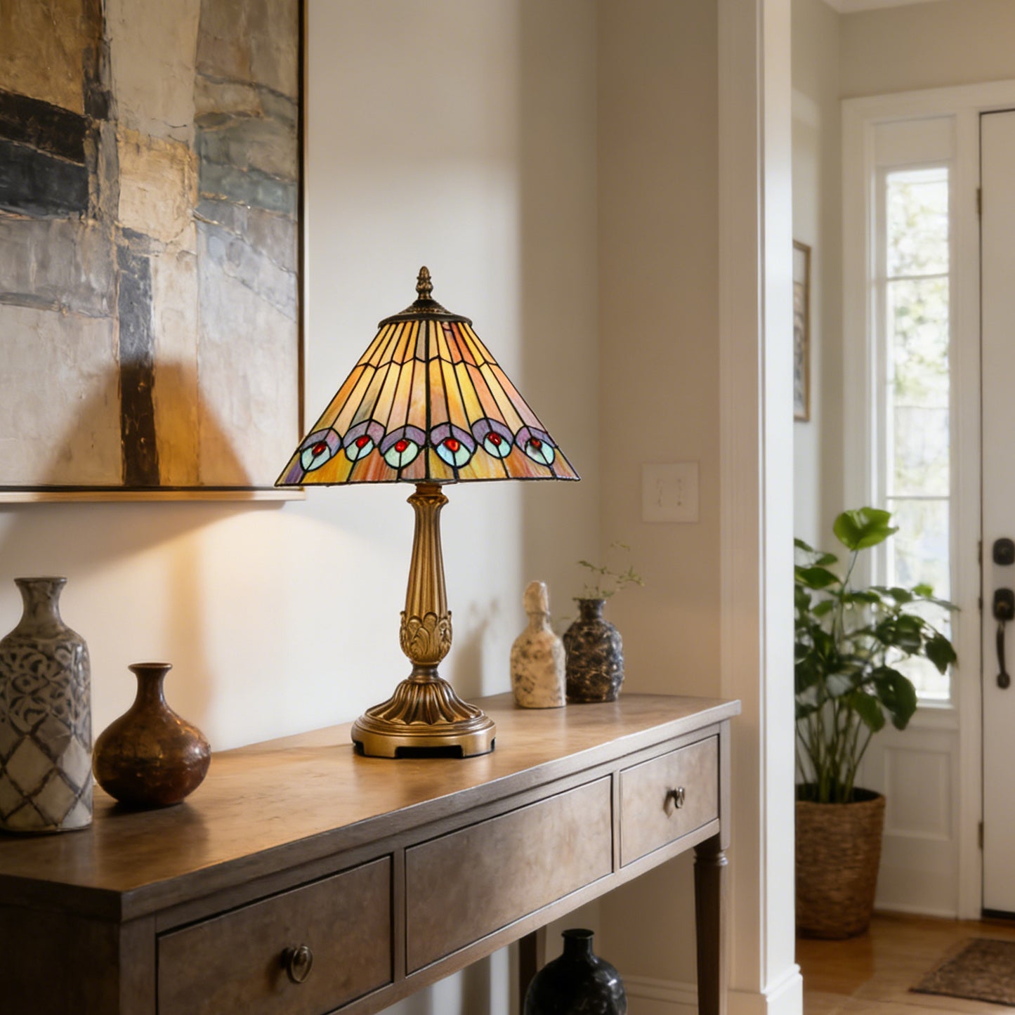 Vintage Tiffany Style Peacock Eye Stained Glass Table Lamp - Bronze Carved Base Desk Lamp