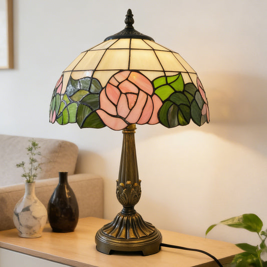 Vintage Tiffany Style Pink Rose Stained Glass Table Lamp - Bronze Carved Base Desk Lamp