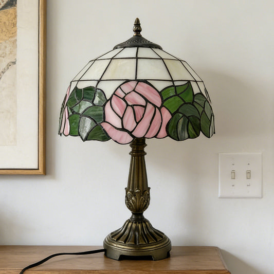 Vintage Tiffany Style Pink Rose Stained Glass Table Lamp - Bronze Carved Base Desk Lamp