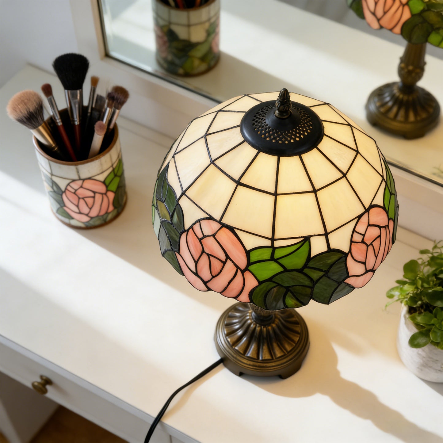Vintage Tiffany Style Pink Rose Stained Glass Table Lamp - Bronze Carved Base Desk Lamp