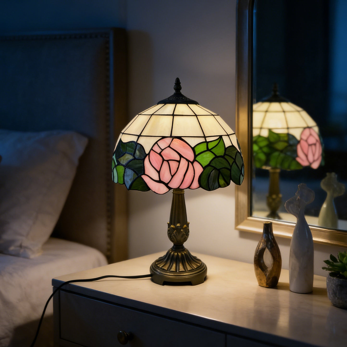 Vintage Tiffany Style Pink Rose Stained Glass Table Lamp - Bronze Carved Base Desk Lamp