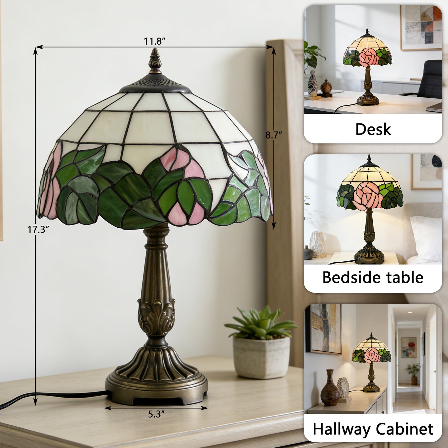 Vintage Tiffany Style Pink Rose Stained Glass Table Lamp - Bronze Carved Base Desk Lamp